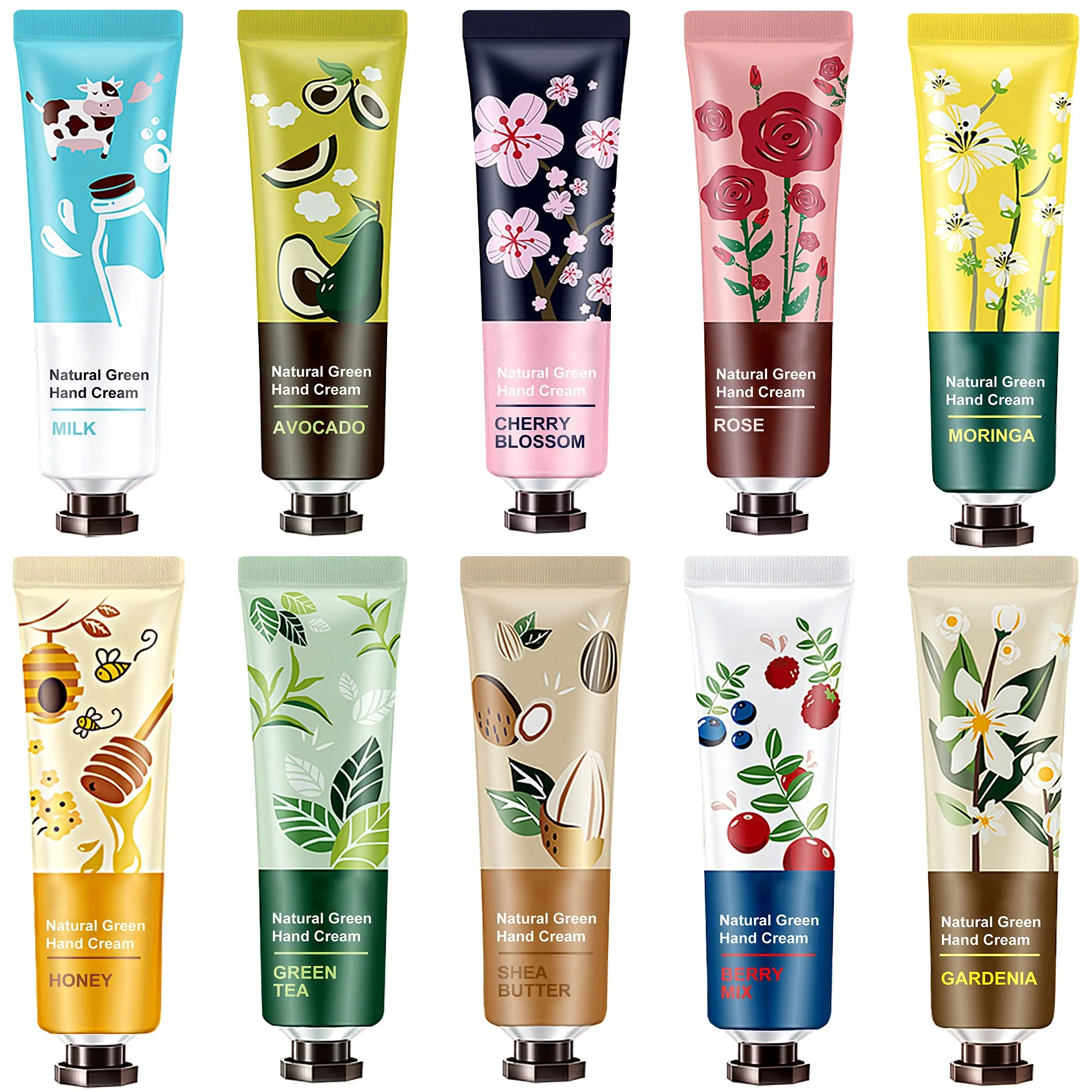 10 Pack Natural Plant Fragrance Hand Cream for Dry Working Hands, Moisturizing Hand Care Cream Travel Gift Set With Natural Shea Butter And Aloe For Men And Women,Travel Size Hand Lotion-30ml