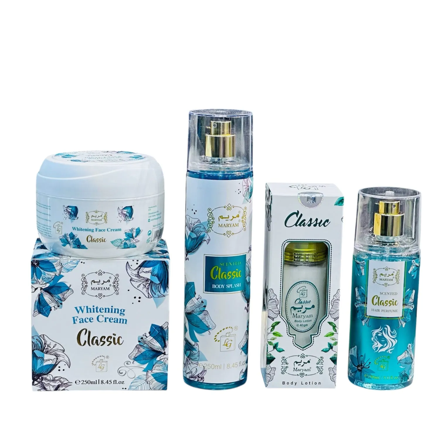 4 in 1 Maryam Classic Beauty Bundle (Body Lotion 40ml  Whitening Cream 250ml  Body Splash 250ml   Hair Perfume 150ml)