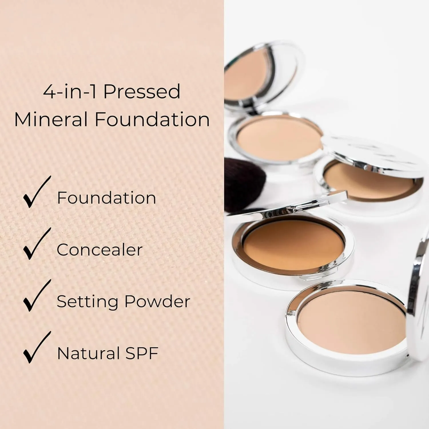 4-in-1 Pressed Foundation Powder with Natural SPF, Concealer & Finishing Powder, Medium to Full Coverage Foundation, Mineral-Based Powder