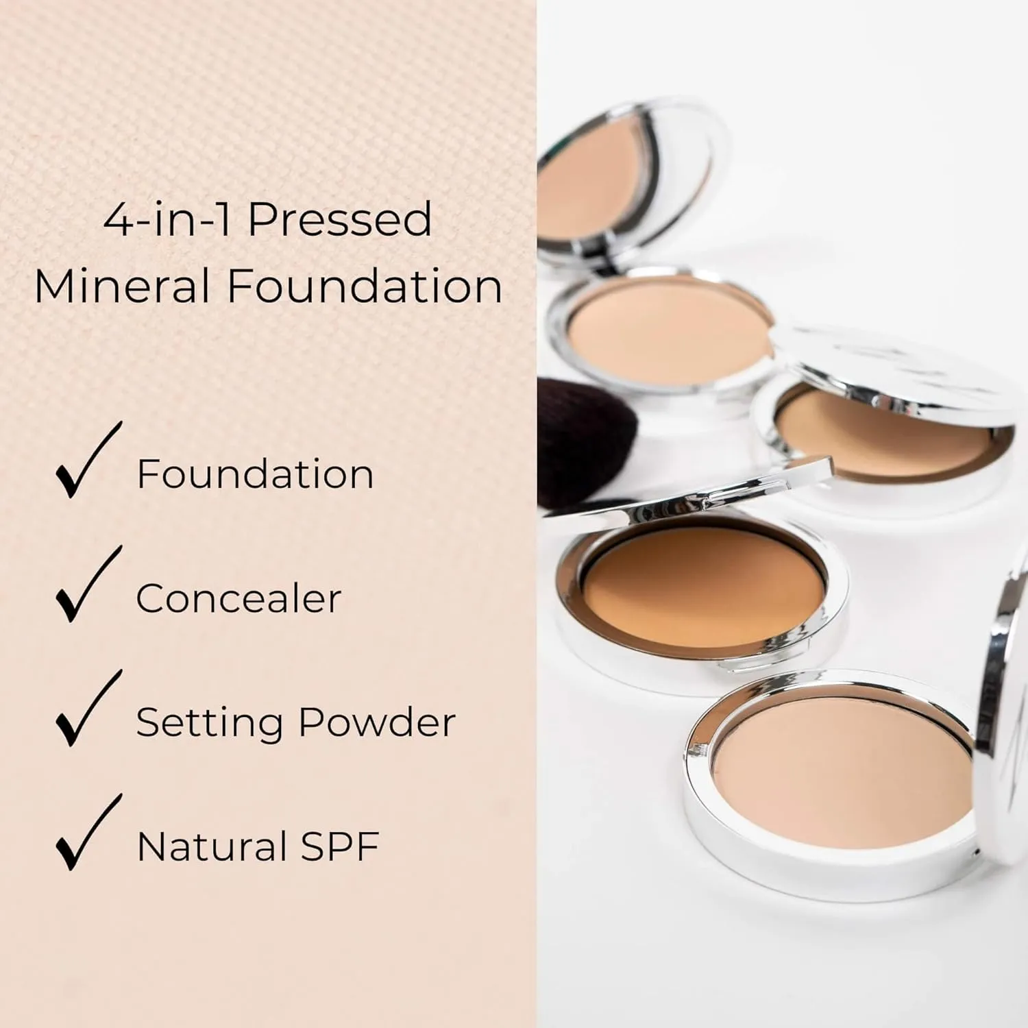 4-in-1 Pressed Foundation Powder with Natural SPF, Concealer & Finishing Powder, Medium to Full Coverage Foundation, Mineral-Based Powder