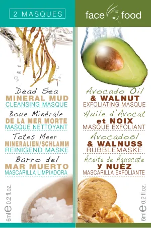 7th Heaven Face Food Twin Masks - Dead Sea Cleansing Mask 6ml and Avocado Oil and Walnut Exfoliating Mask, 6ml