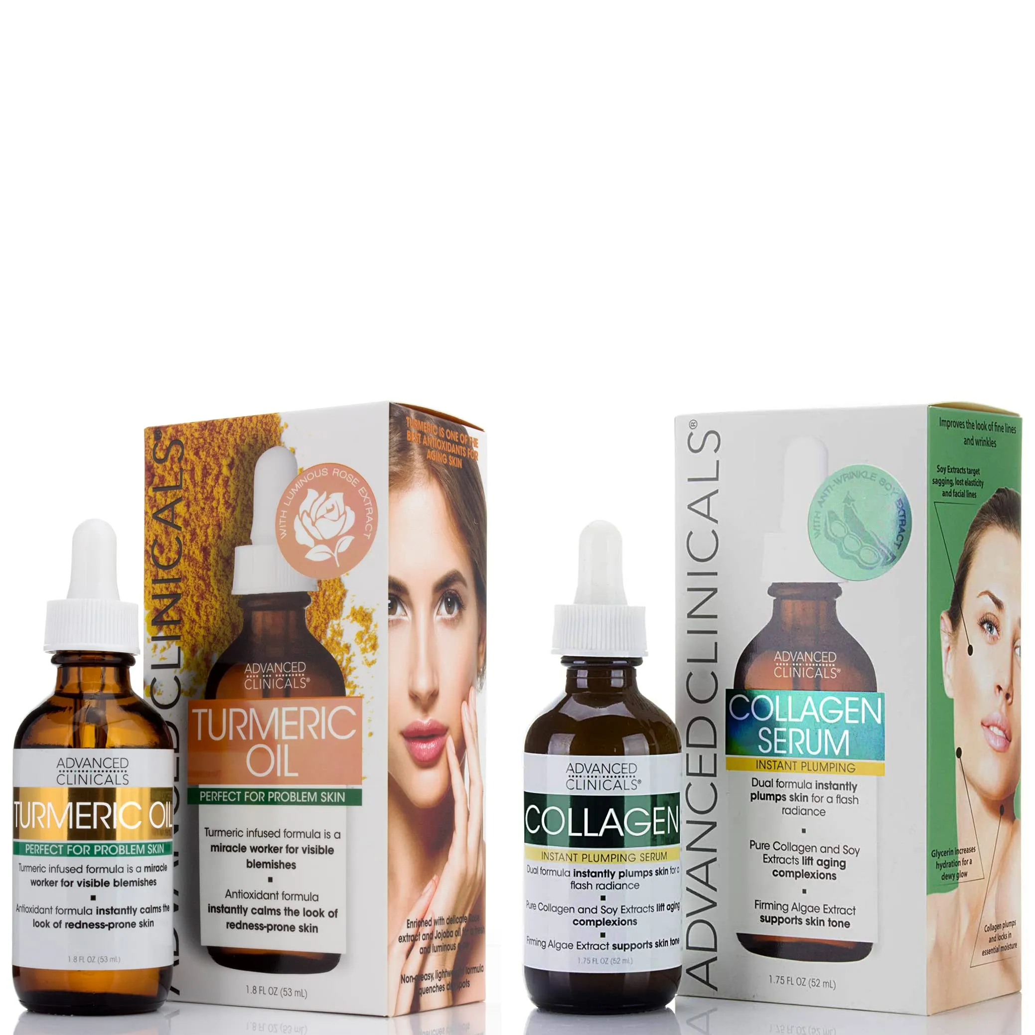 Advanced Clinicals Collagen Facial Serum   Turmeric Oil Face Serum Skin Care Set, Skin Plumping Anti Aging Serums For Face Help Brighten Skin Complexion, Fight Fine Lines, & Wrinkles, 2-Pack Bundle