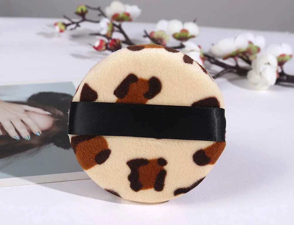 AKOAK Leopard Print Makeup Powder Puff, Round Double Sided Flocking Puff, Dry Pressed Powder, Facial Makeup Sponge, Basic Beauty Tools (5 Pcs)