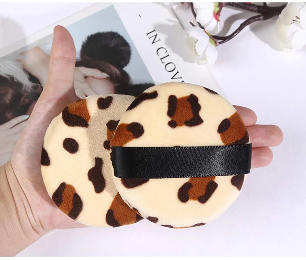 AKOAK Leopard Print Makeup Powder Puff, Round Double Sided Flocking Puff, Dry Pressed Powder, Facial Makeup Sponge, Basic Beauty Tools (5 Pcs)