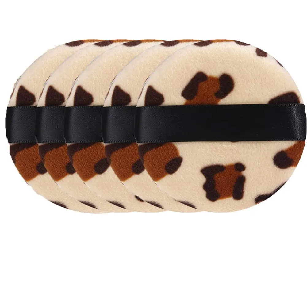 AKOAK Leopard Print Makeup Powder Puff, Round Double Sided Flocking Puff, Dry Pressed Powder, Facial Makeup Sponge, Basic Beauty Tools (5 Pcs)