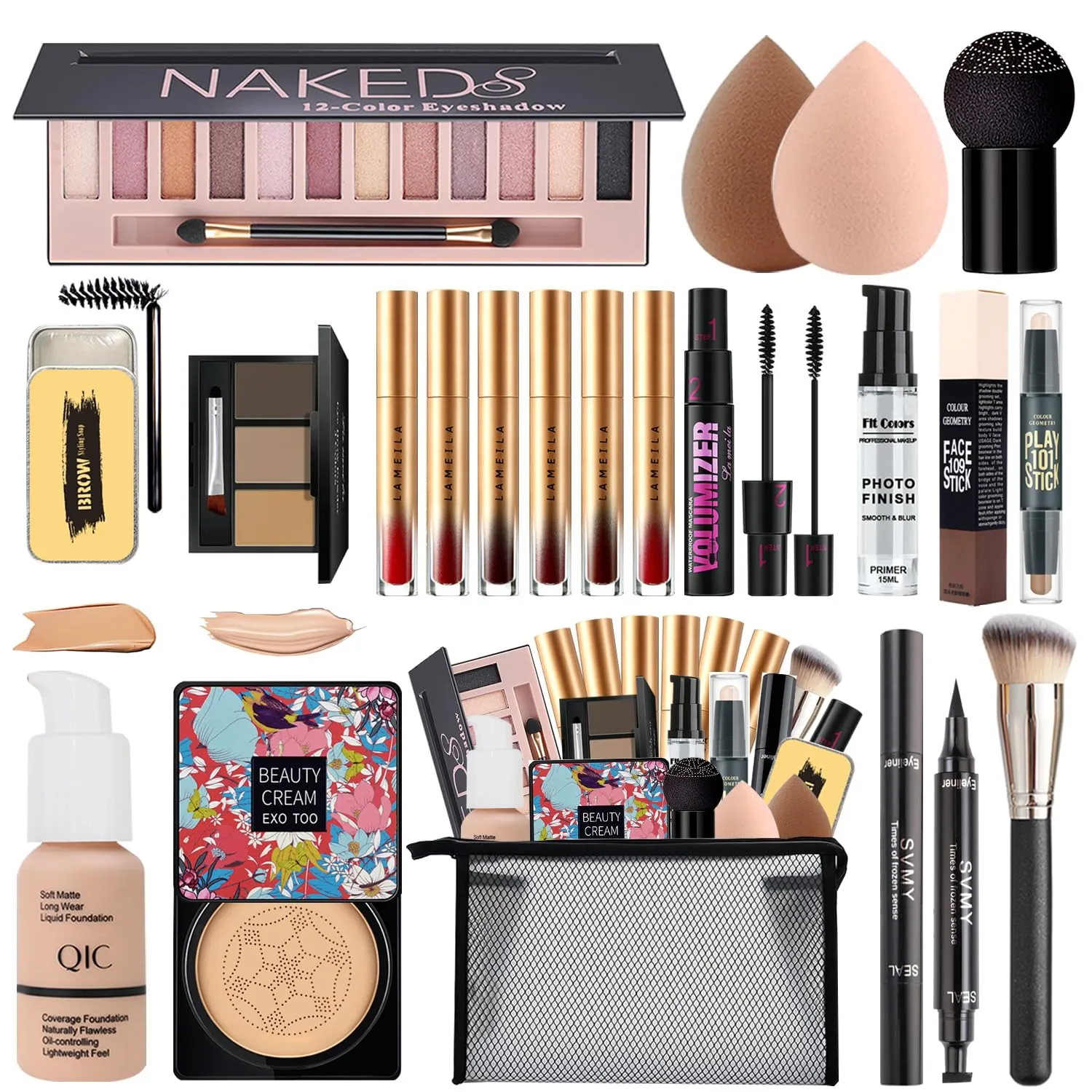 All In One Naked Eyeshadow & Makeup Kit - Includes Liquid Foundation, CC Cream, Lipstick Set, Mascara, Makeup Brush, Sponge, Eyebrow Powder, Soap, Eyeliner Stamp, Primer, Contour Stick & Cosmetic Bag