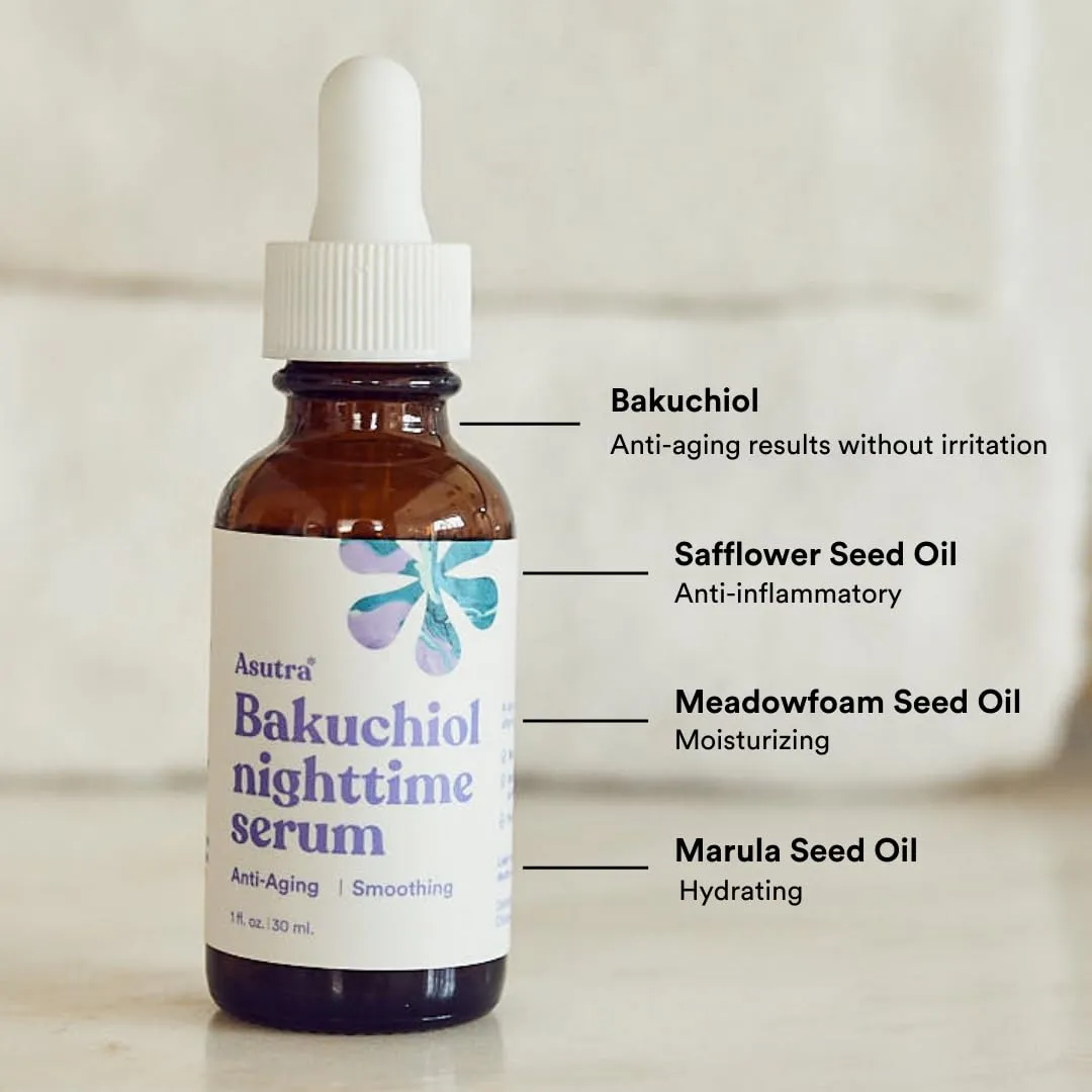 ASUTRA Bakuchiol Nighttime Serum, 1 fl oz - Skin Smoothing Retinol Alternative, Nourish and Hydrate Skin, Gentle Face Serum