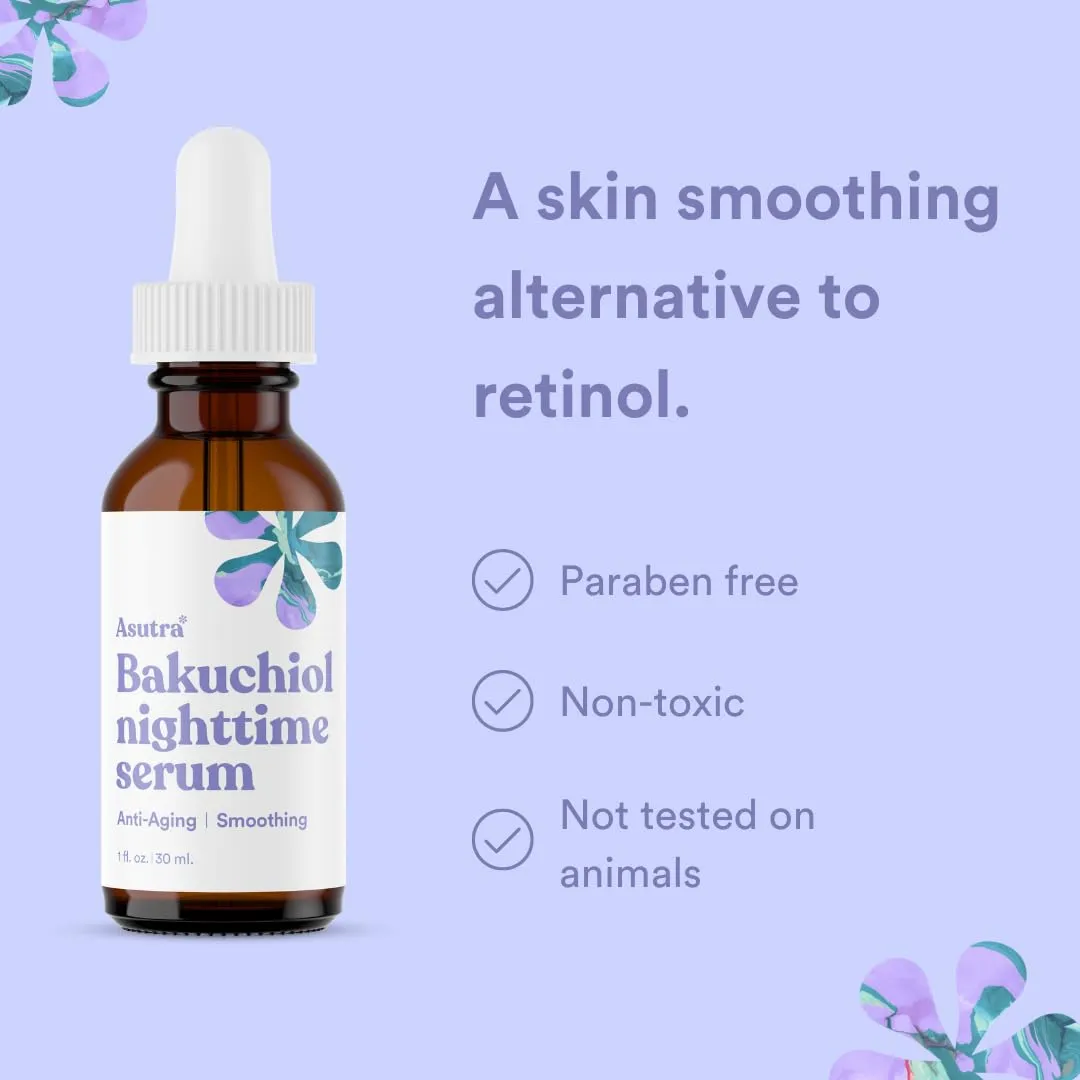 ASUTRA Bakuchiol Nighttime Serum, 1 fl oz - Skin Smoothing Retinol Alternative, Nourish and Hydrate Skin, Gentle Face Serum