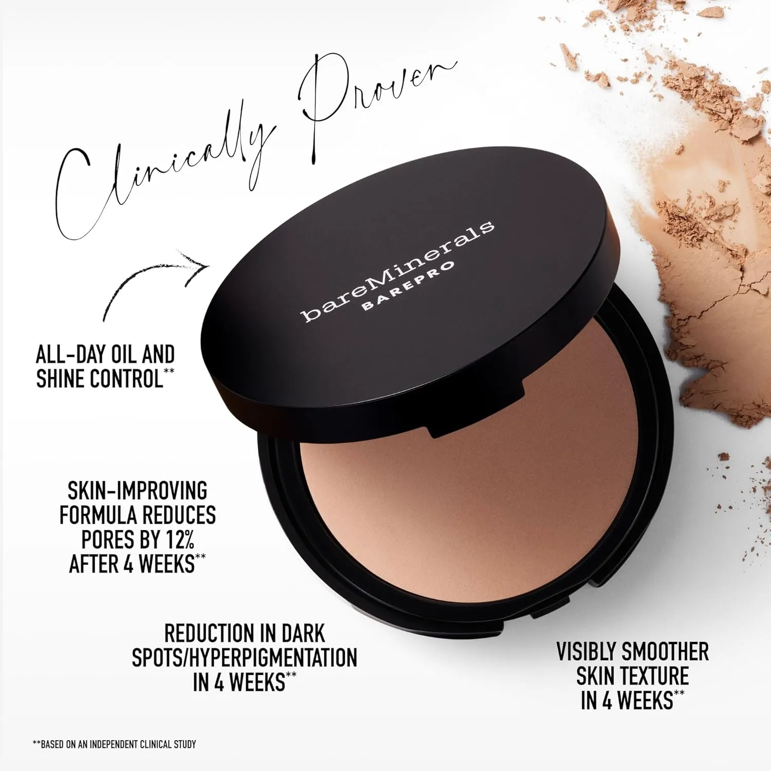 bareMinerals Barepro Skin-Perfecting Powder Foundation, Matte Pressed Powder Foundation Full Coverage with Plant-Based Squalene, Oil Control, Vegan