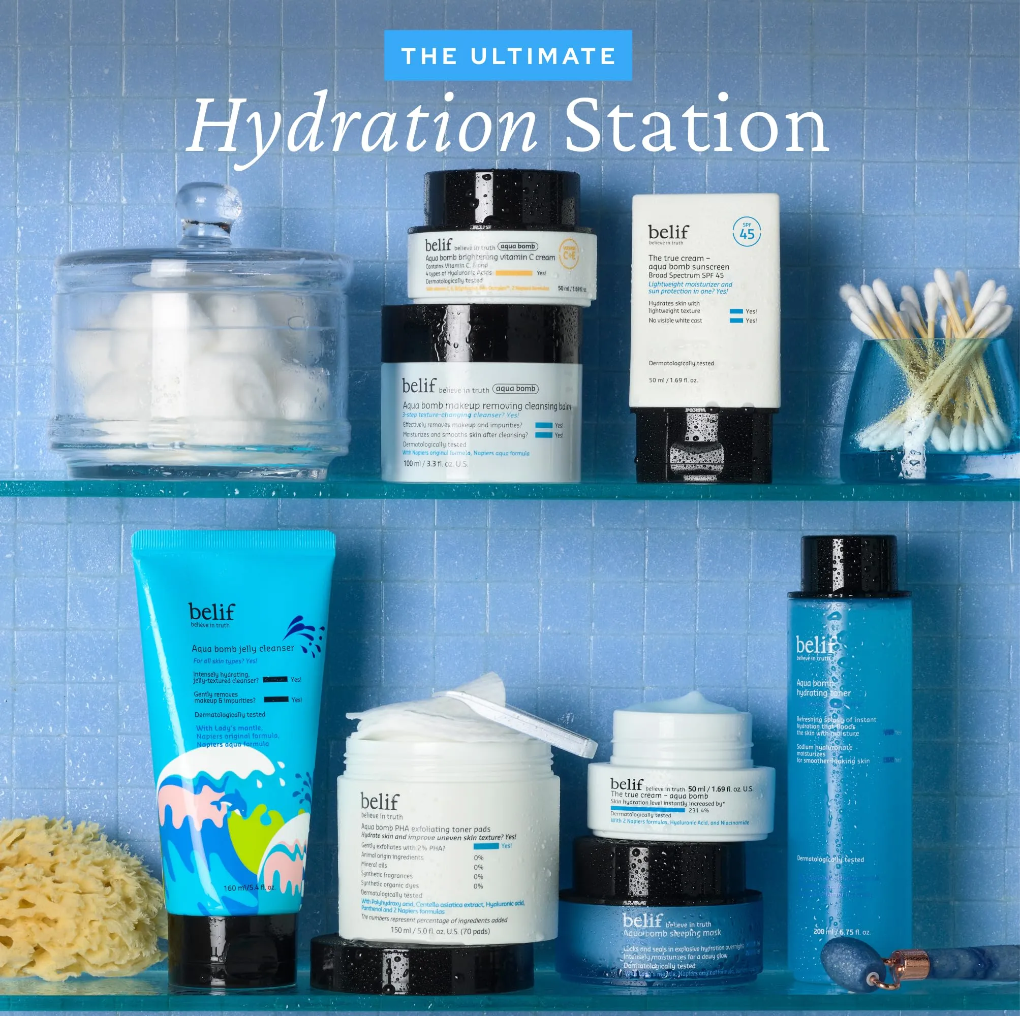 belif Hydrate & Go Kit, Moisturizing Bomb Face Cream, Jelly Cleanser, Eye Bomb Cream, Hydrating SPF 50 Sunscreen, Travel TSA Friendly Kit, Glowy & Bouncy Finish, Korean Skin Care