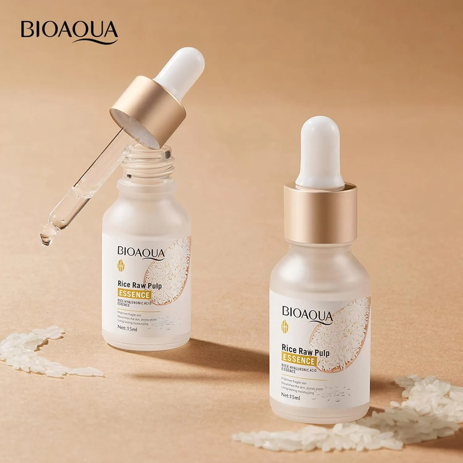 BIOAQUA Rice Raw Pulm Face Essence Hyaluronic Acid Shrink Pores Soften Moisturizing Facial Serum Skin 15ml (2 bottles, 1, Fl Oz)
