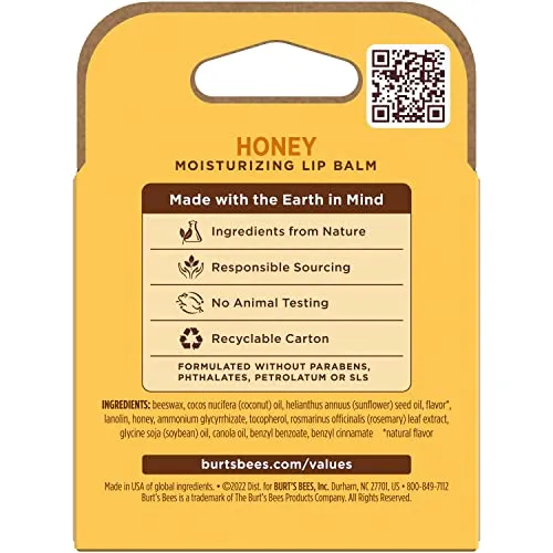 Burt's Bees Lip Balm - Honey, Lip Moisturizer With Responsibly Sourced Beeswax, Tint-Free, Natural Origin Conditioning Lip Treatment, 4 Tubes, 0.15 oz.