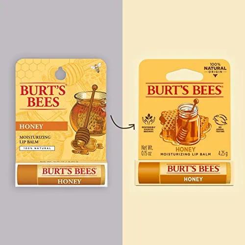 Burt's Bees Lip Balm - Honey, Lip Moisturizer With Responsibly Sourced Beeswax, Tint-Free, Natural Origin Conditioning Lip Treatment, 4 Tubes, 0.15 oz.
