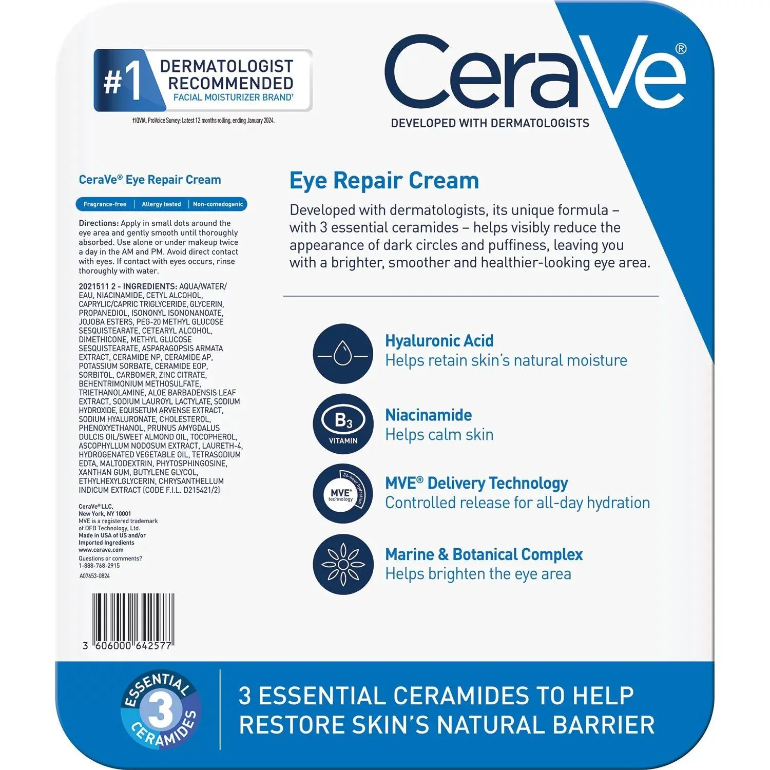 CeraVe Eye Repair Cream for Dark Circles and Puffiness, .5 oz., 2 pk.