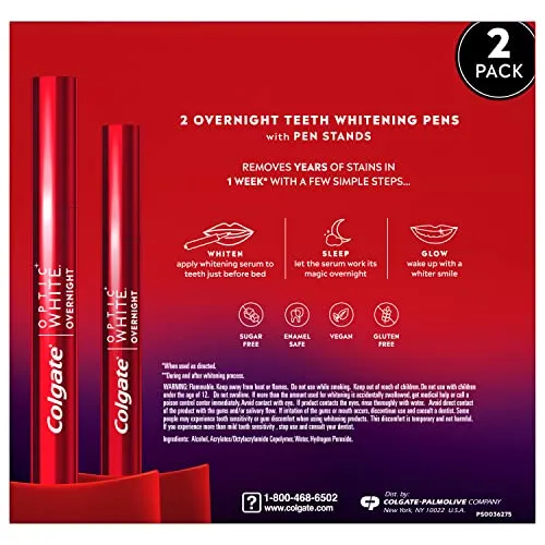 Colgate Optic White Overnight Teeth Whitening Pen, Enamel Safe and Vegan, Teeth Stain Remover to Whiten Teeth, Teeth Whitening for Sensitive Teeth, 35 Nightly Treatments Per Pen, 0.08 Oz,2 Pack