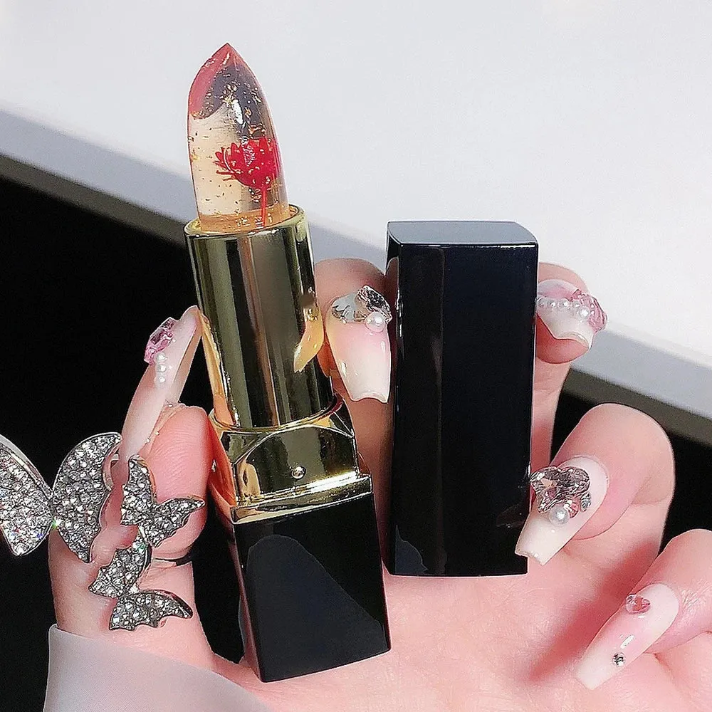 Color Changing Long-Lasting Lip Primer -Lipstick  with Gold Foil Flower - Lip Primer Jelly Lip Balm for Moisturizing, Natural, Waterproof Makeup Lip Gloss.