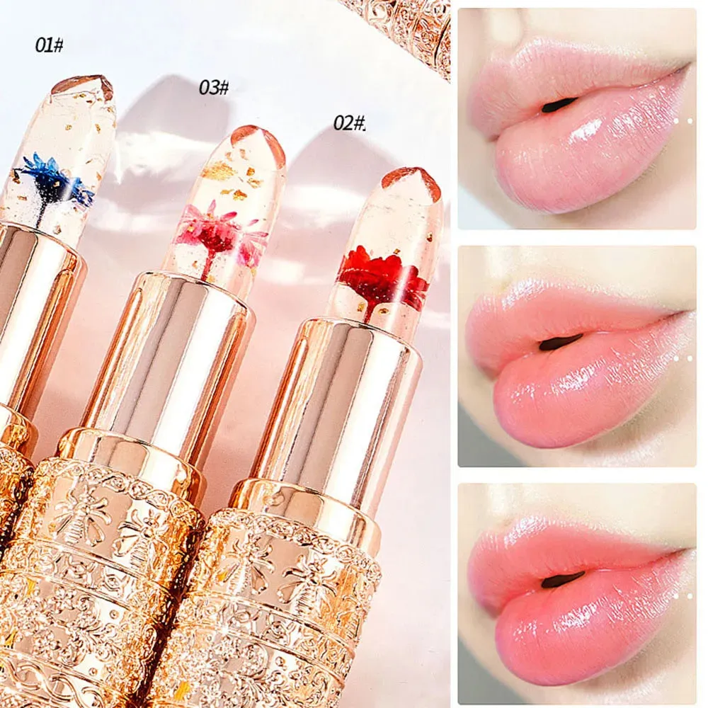 Color Changing Long-Lasting Lip Primer -Lipstick  with Gold Foil Flower - Lip Primer Jelly Lip Balm for Moisturizing, Natural, Waterproof Makeup Lip Gloss.