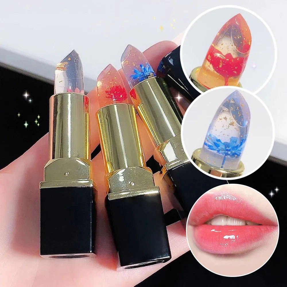Color Changing Long-Lasting Lip Primer -Lipstick  with Gold Foil Flower - Lip Primer Jelly Lip Balm for Moisturizing, Natural, Waterproof Makeup Lip Gloss.