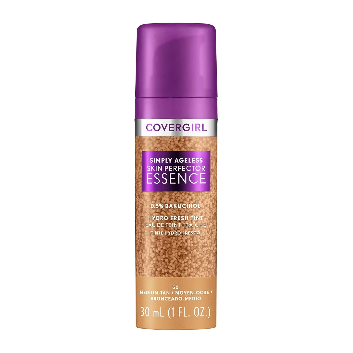 Covergirl Simply Ageless Skin Perfector Essence Foundation, 50 Medium-Tan, Tinted Skincare Makeup Hybrid, Sheer Tint, Radiant Finish, Glowy Finish, Vegan Formula, 1.0oz