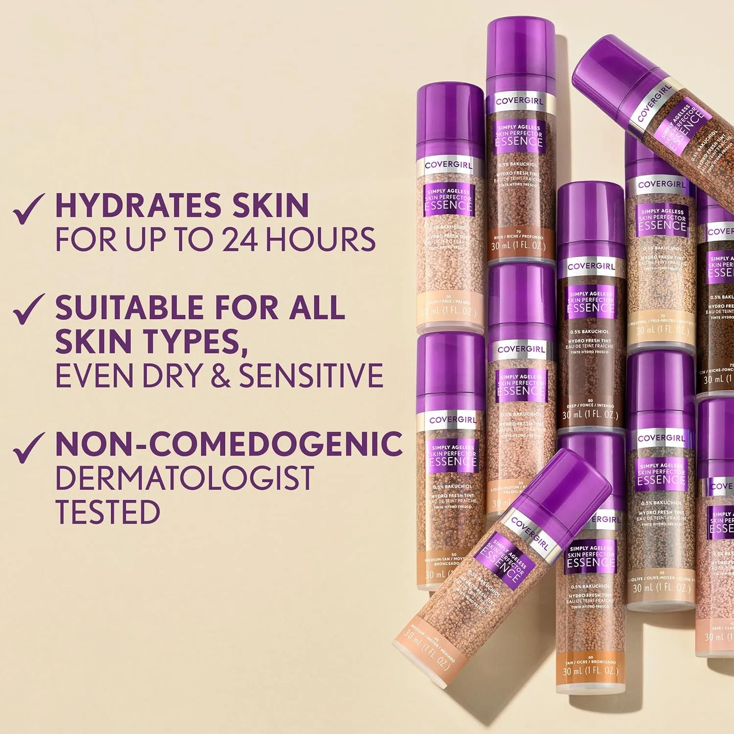 Covergirl Simply Ageless Skin Perfector Essence Foundation, 50 Medium-Tan, Tinted Skincare Makeup Hybrid, Sheer Tint, Radiant Finish, Glowy Finish, Vegan Formula, 1.0oz