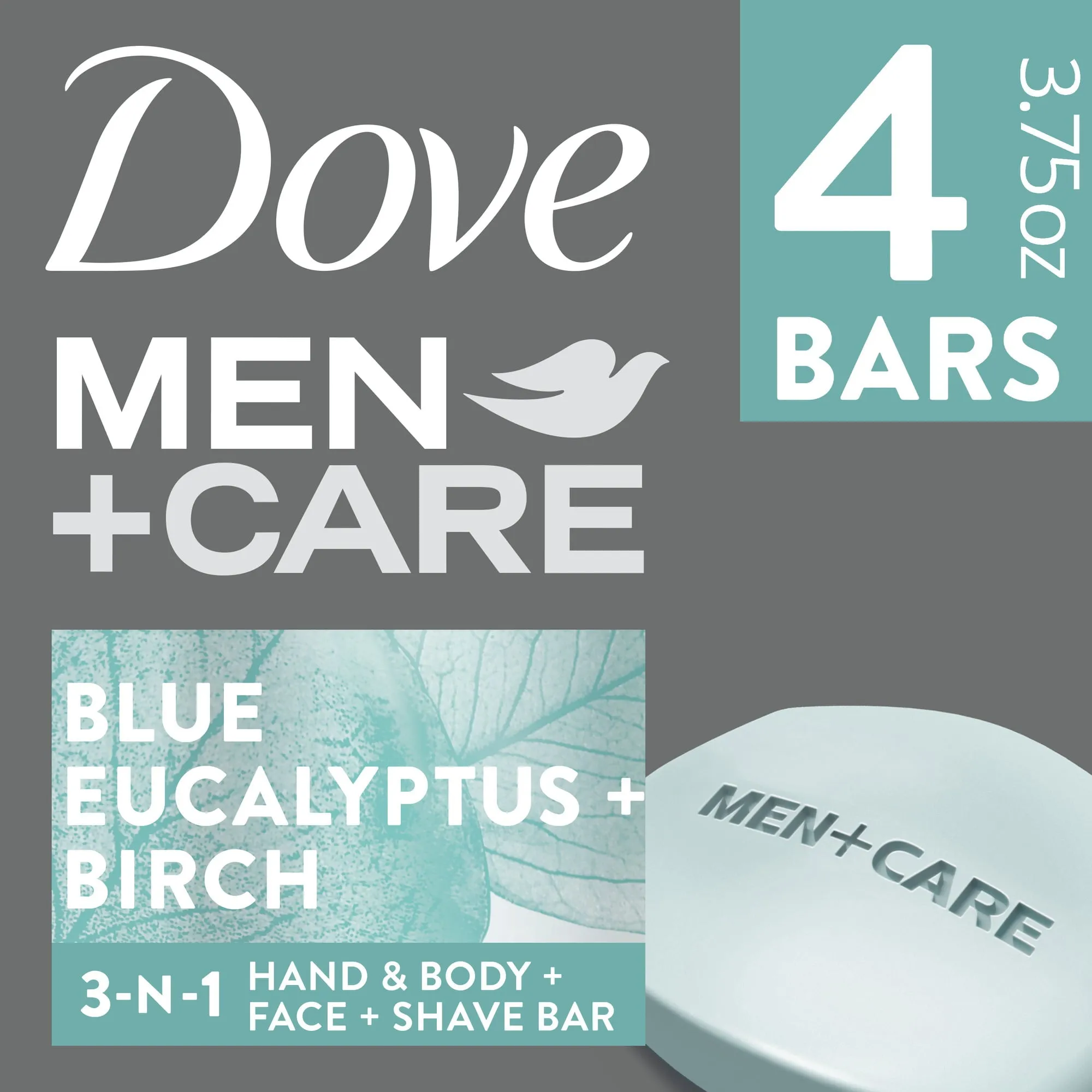 Dove Men Care Bar 3 in 1 Cleanser for Body, Face, and Shaving Blue Eucalyptus Body and Facial Cleanser More Moisturizing Than Bar Soap For Fresh, Healthy-Feeling Skin 3.75 oz, 8 Bars