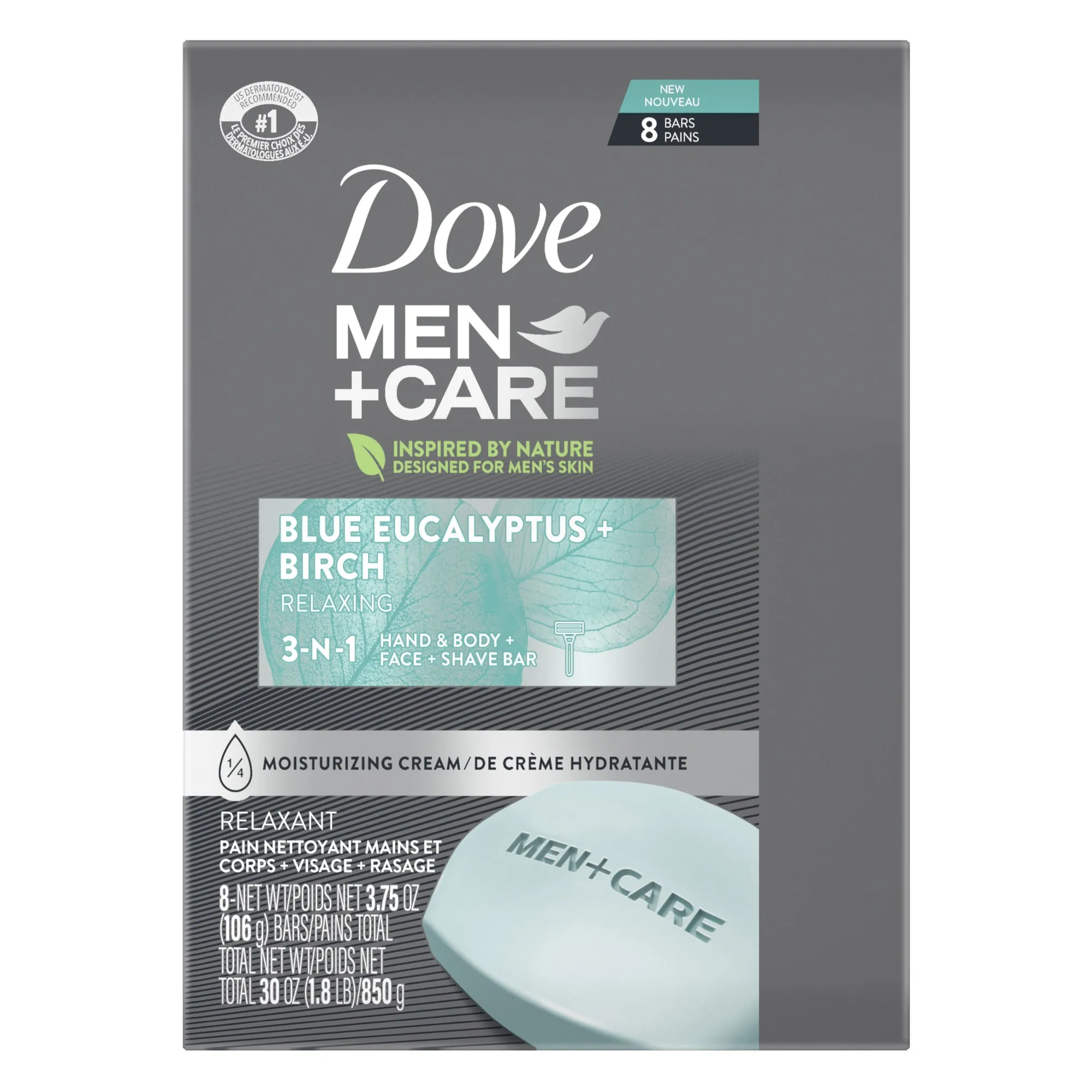 Dove Men Care Bar 3 in 1 Cleanser for Body, Face, and Shaving Blue Eucalyptus Body and Facial Cleanser More Moisturizing Than Bar Soap For Fresh, Healthy-Feeling Skin 3.75 oz, 8 Bars