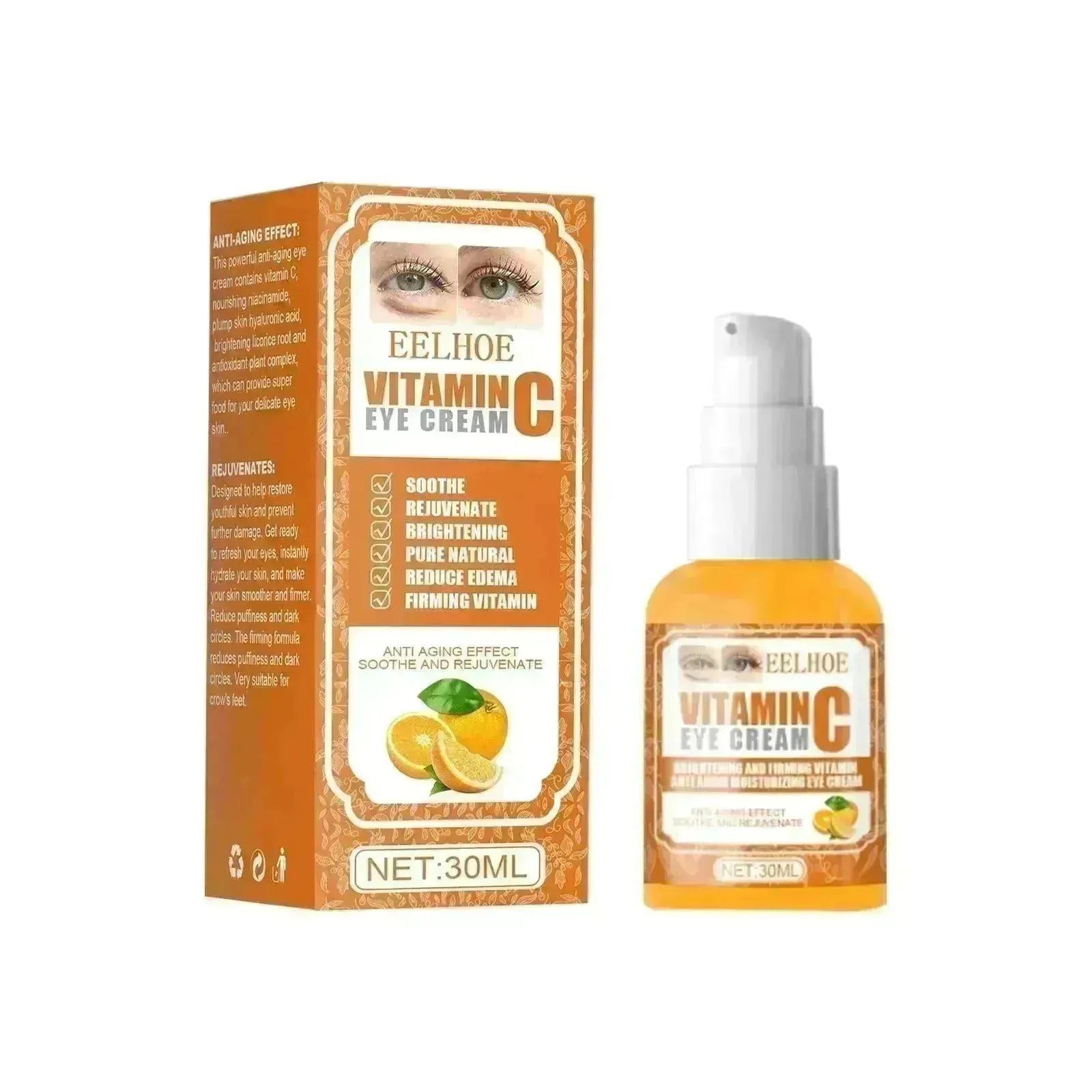 EELHOE Vitamin C Eye Cream Brightens Dark Circles Soothes Rejuvenates Anti-Aging Removes Eye Wrinkles
