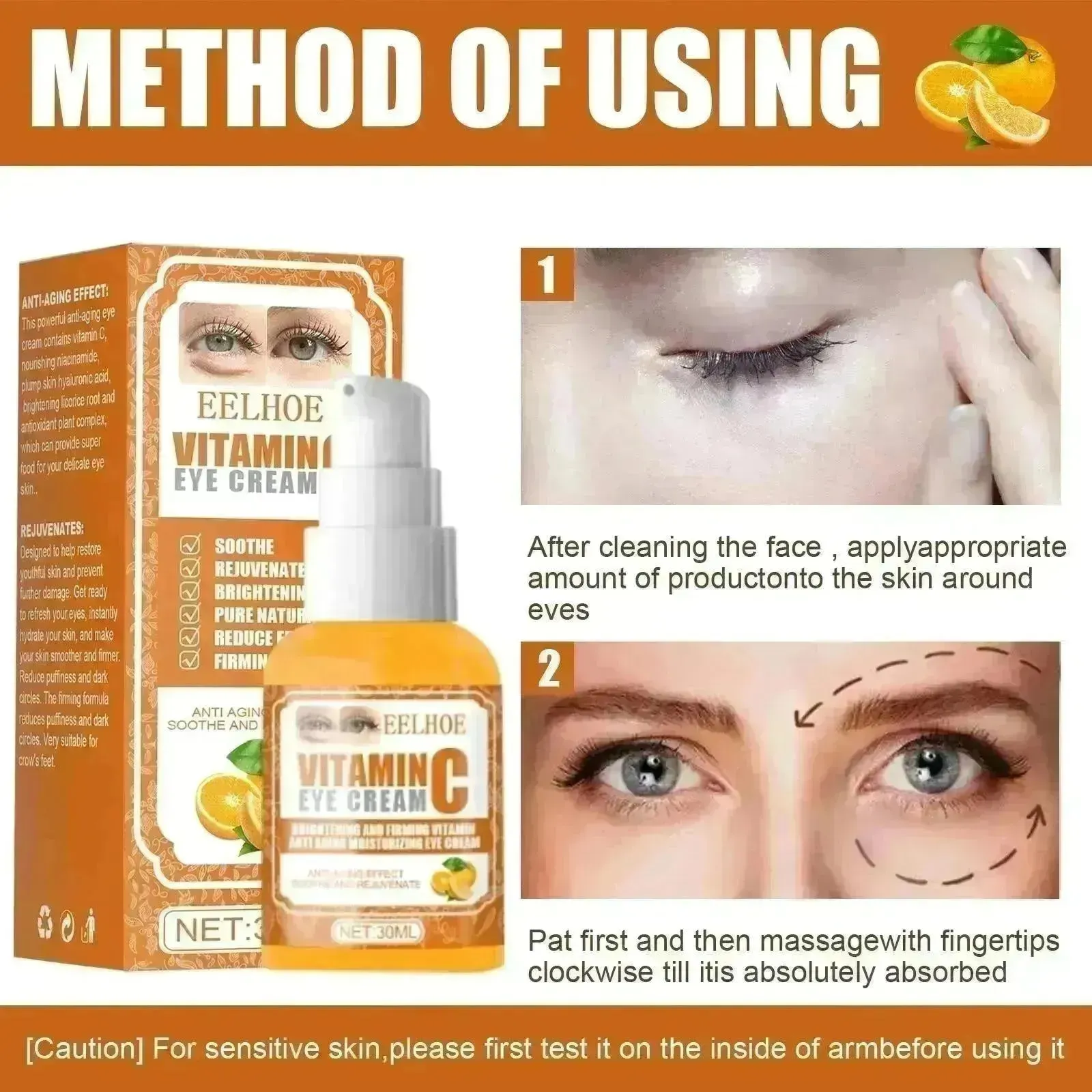 EELHOE Vitamin C Eye Cream Brightens Dark Circles Soothes Rejuvenates Anti-Aging Removes Eye Wrinkles