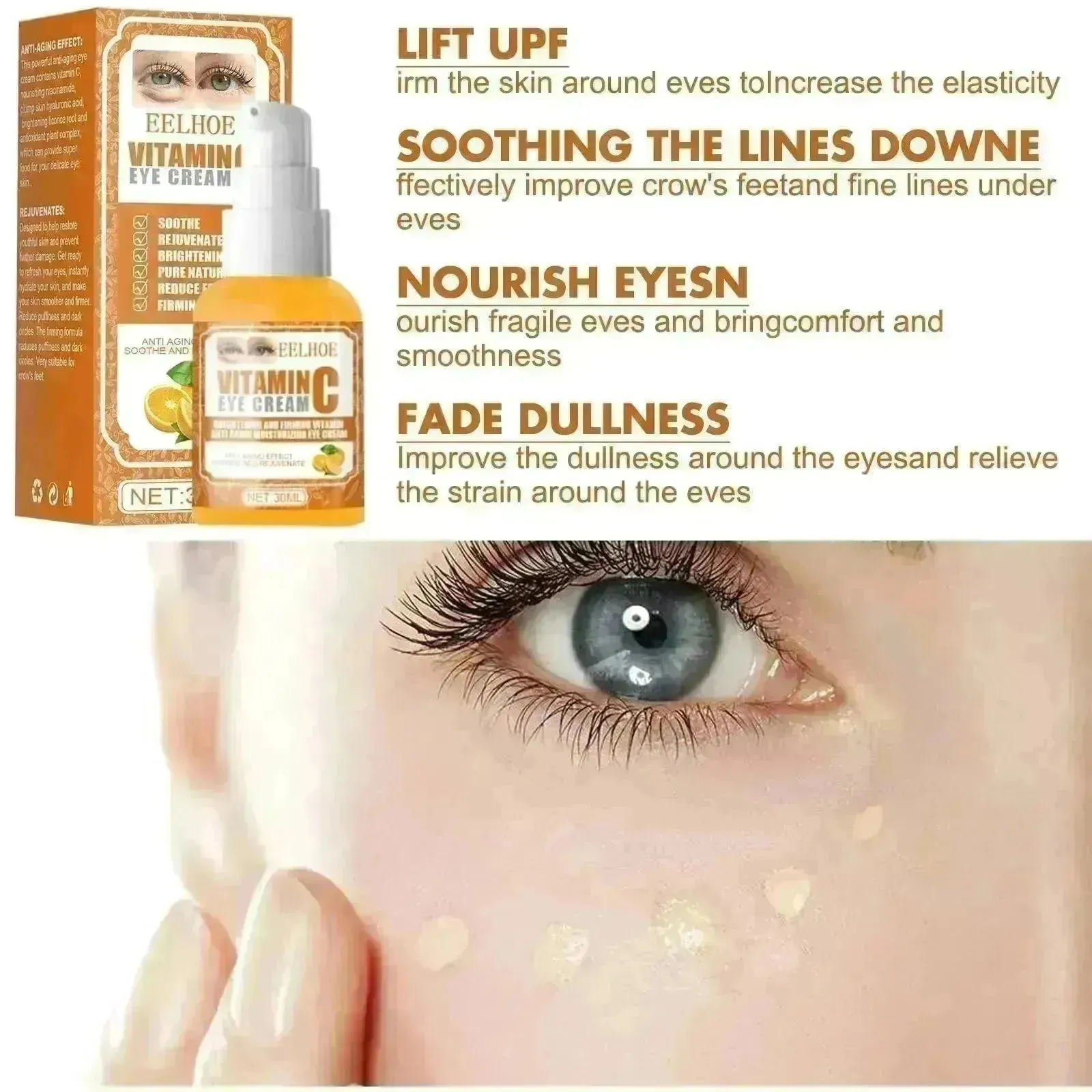 EELHOE Vitamin C Eye Cream Brightens Dark Circles Soothes Rejuvenates Anti-Aging Removes Eye Wrinkles