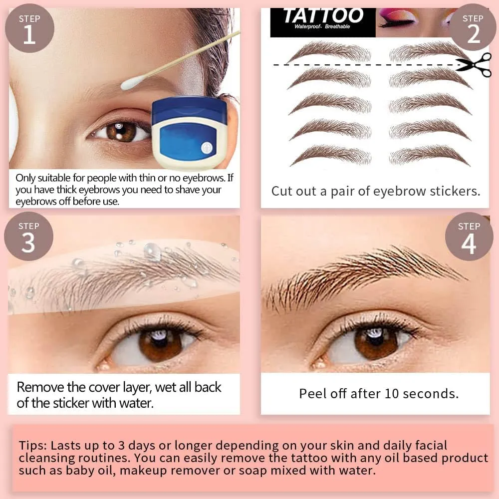 Eyebrow Tattoo 8 Sheets, 84 Pairs Eyebrow Tattoo Sticker Waterproof 4D Hair-Like Temporary Eyebrows Peel Off Brows Grooming Transfers Stickers Makeup for Women, Men, Girls, Brown
