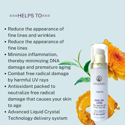 Hylunia Facial Day Lotion - 1.7 fl oz - Anti-Aging for Wrinkles - with Shea Butter, Hyaluronic Acid Serum, Zinc - Natural Vegan Moisturizer - Rapid Skin Repair
