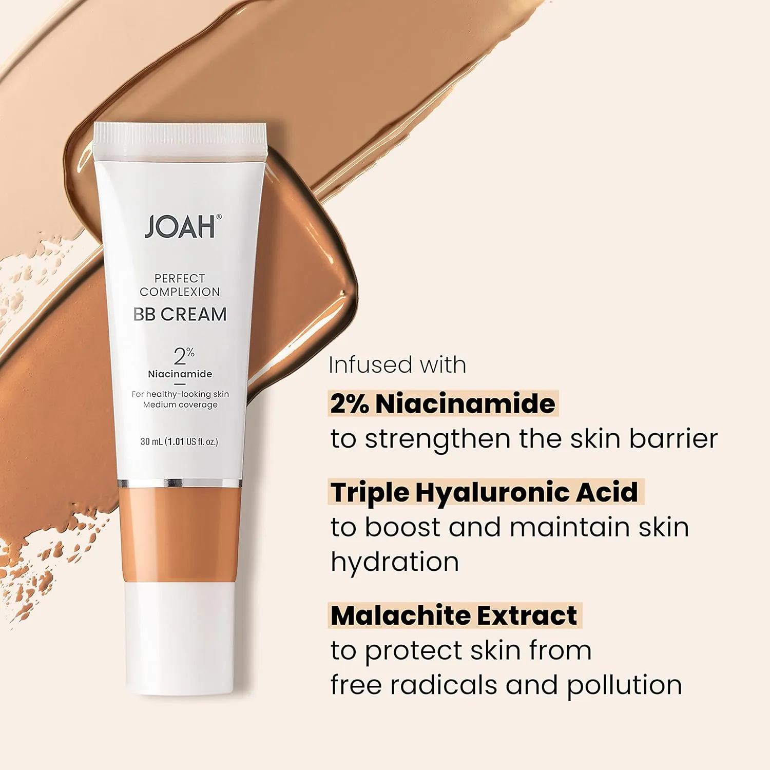 JOAH Beauty Perfect Complexion BB Cream with Hyaluronic Acid and Niaciminade, Korean Makeup with Medium Buildable Coverage, Evens Skin Tone, Lightweight, Semi Matte Finish, Fair with Cool Undertones