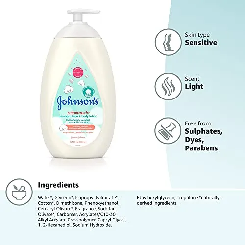 Johnson's CottonTouch Newborn Baby Face and Body Lotion, Hypoallergenic Moisturization for Baby's Skin, Made with Real Cotton, Paraben-Free, Sulfate-Free, Dye-Free, 27.1 fl. oz