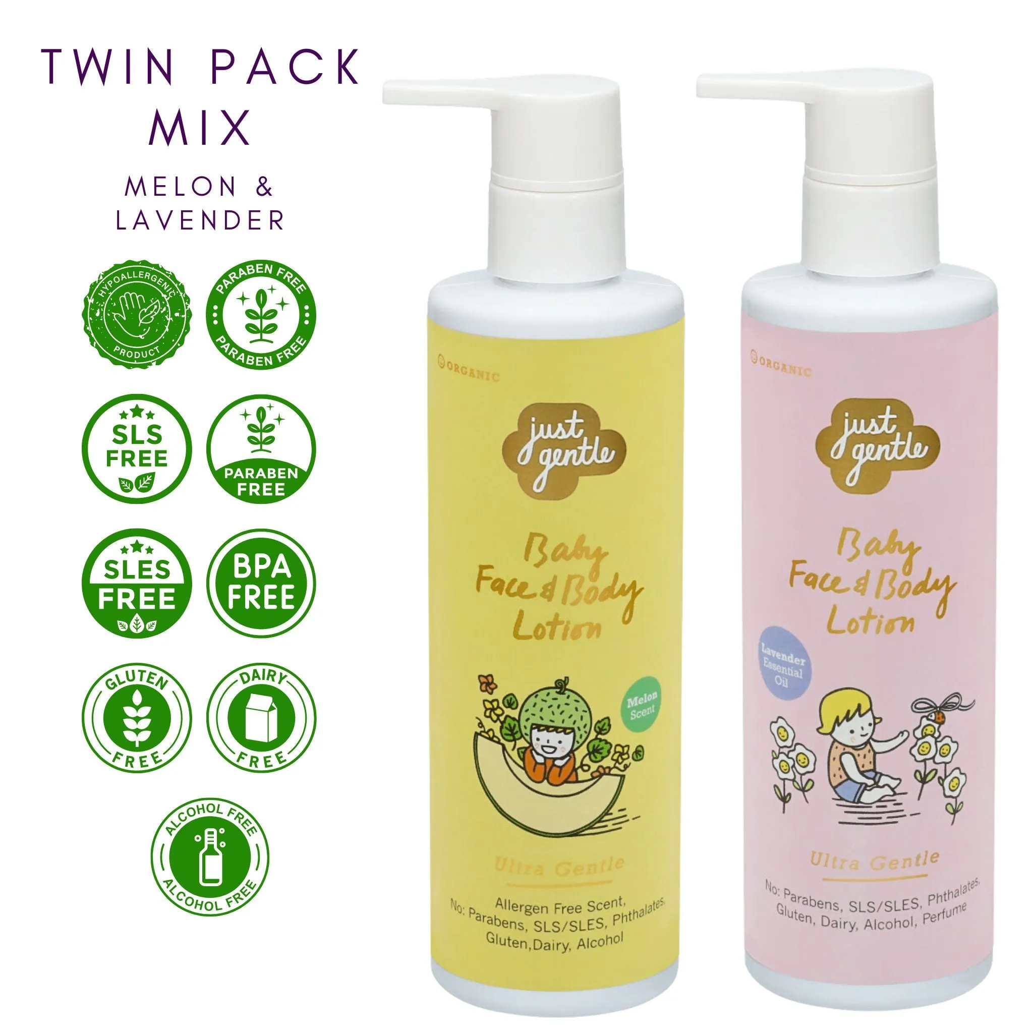 Just Gentle Twin Pack Mix - Lavender and Melon Baby Face and Body Lotion