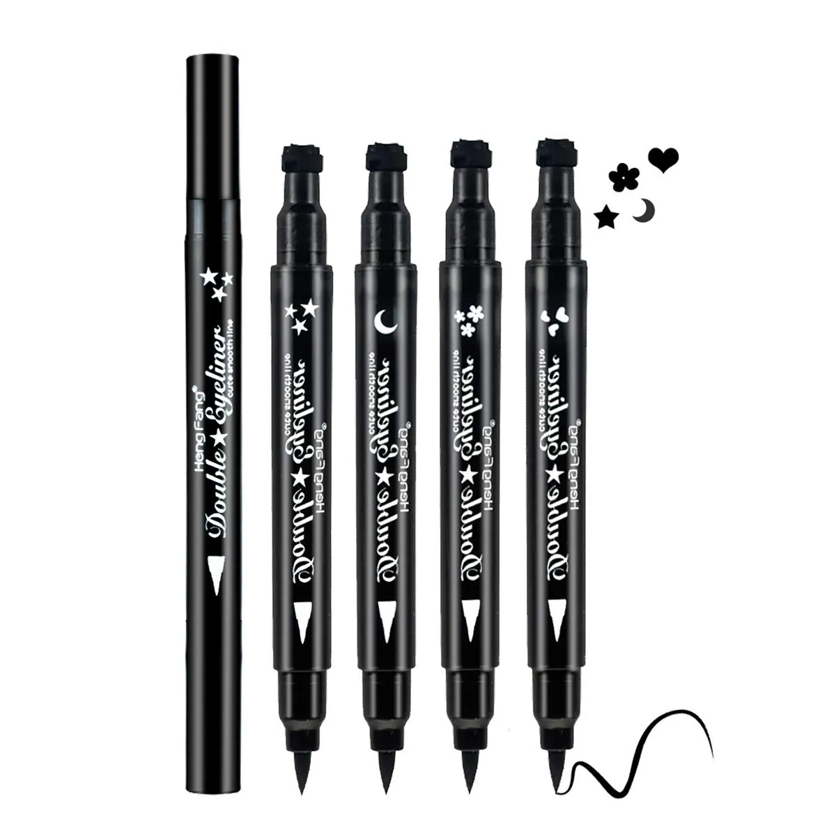 LAMUSELAND Eyeliner Stamp Wingliner, Waterproof Smudge-proof Liquid Eye Liner Gel Pen Set, Long Lasting Heart Black Thin Double Ended Pencil Makeup Tools for Women (4 Styles/Set)