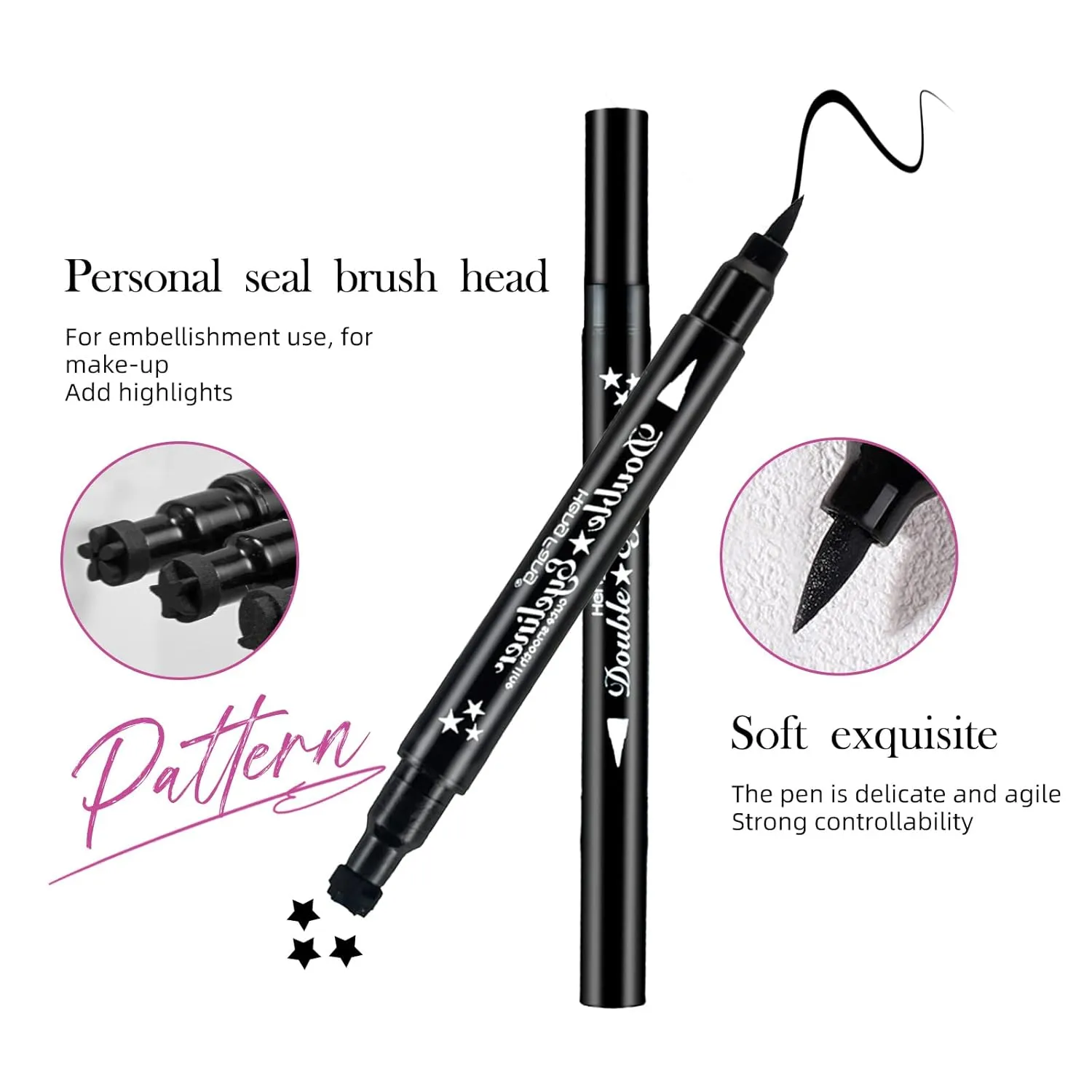 LAMUSELAND Eyeliner Stamp Wingliner, Waterproof Smudgeproof Liquid Eye Liner Gel Pen Set, Long Lasting Heart Black Thin Double Ended Pencil Makeup Tools for Women (A Star)
