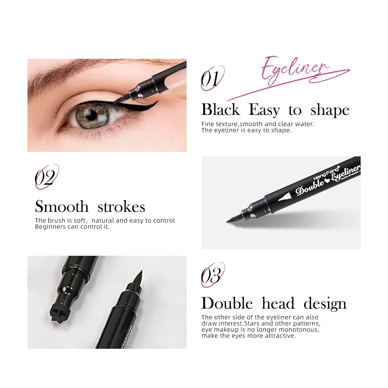 LAMUSELAND Eyeliner Stamp Wingliner, Waterproof Smudgeproof Liquid Eye Liner Gel Pen Set, Long Lasting Heart Black Thin Double Ended Pencil Makeup Tools for Women (D Heart)