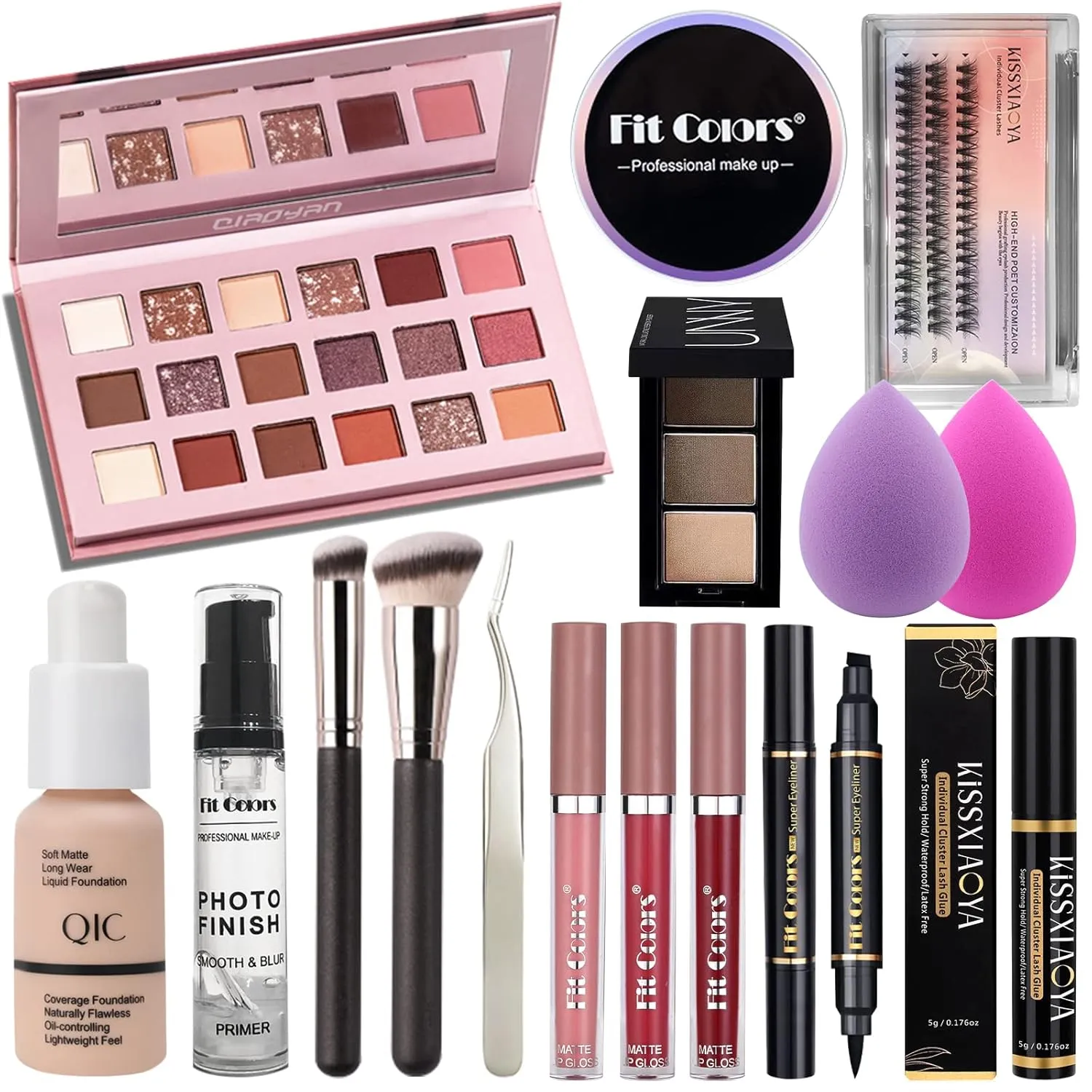 Lookmee All In One Makeup Essential Starter Kit for Beginners or Pros, 18 Colors Naked Eyeshadow Palette Nude Face Primer, Brush, Sponge, Eyebrow Powder, Winged Eyeliner Stamp (SetA)