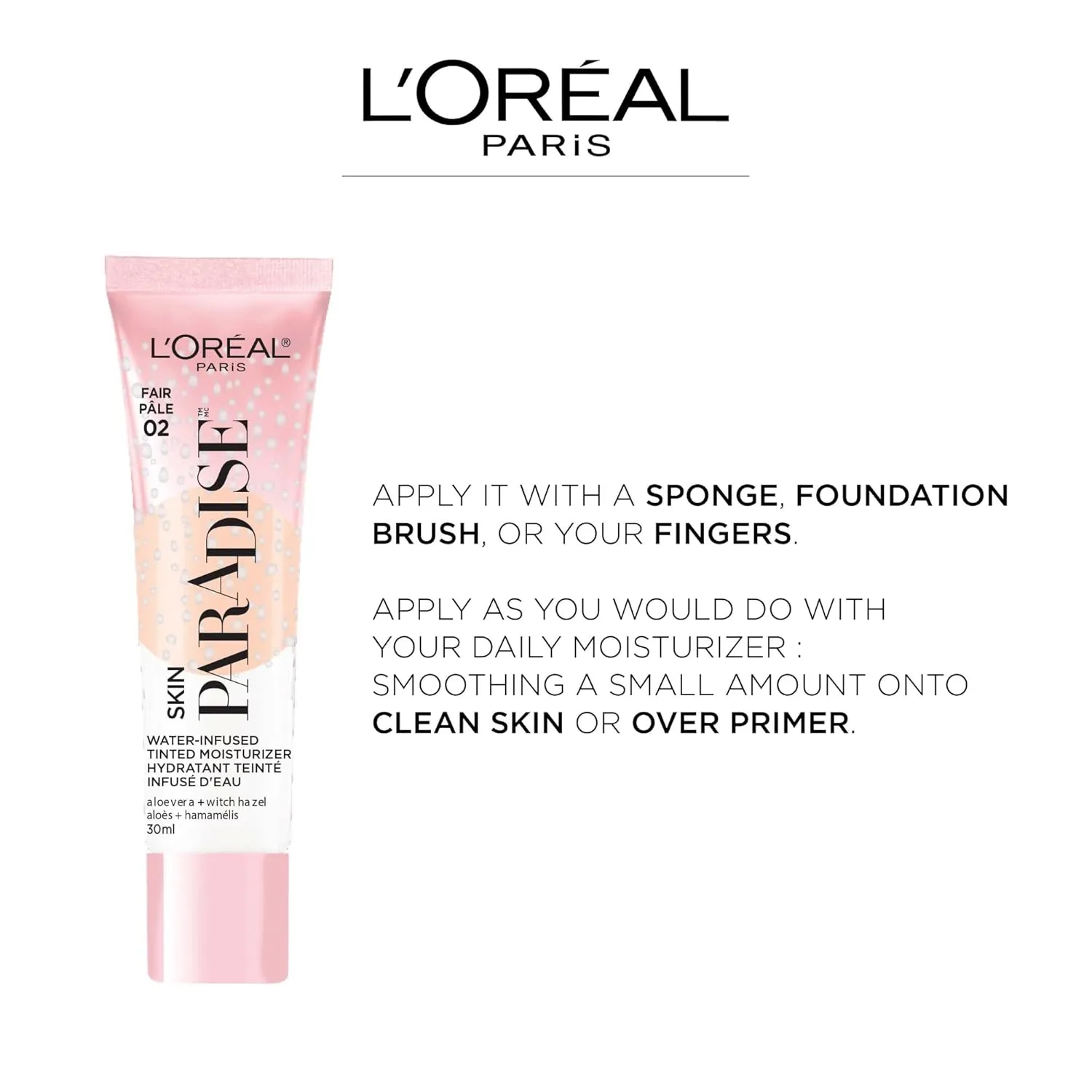 L'Oreal Paris Skin Paradise Water-infused Tinted Moisturizer with Broad Spectrum SPF 19 sunscreen lightweight, natural coverage up to 24h hydration for a fresh, glowing complexion, Light 03, 1 fl oz