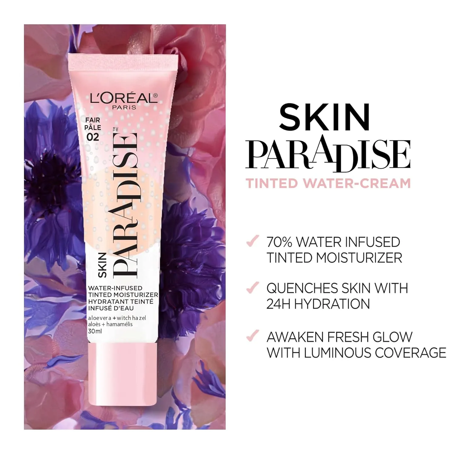 L'Oreal Paris Skin Paradise Water-infused Tinted Moisturizer with Broad Spectrum SPF 19 sunscreen lightweight, natural coverage up to 24h hydration for a fresh, glowing complexion, Light 03, 1 fl oz