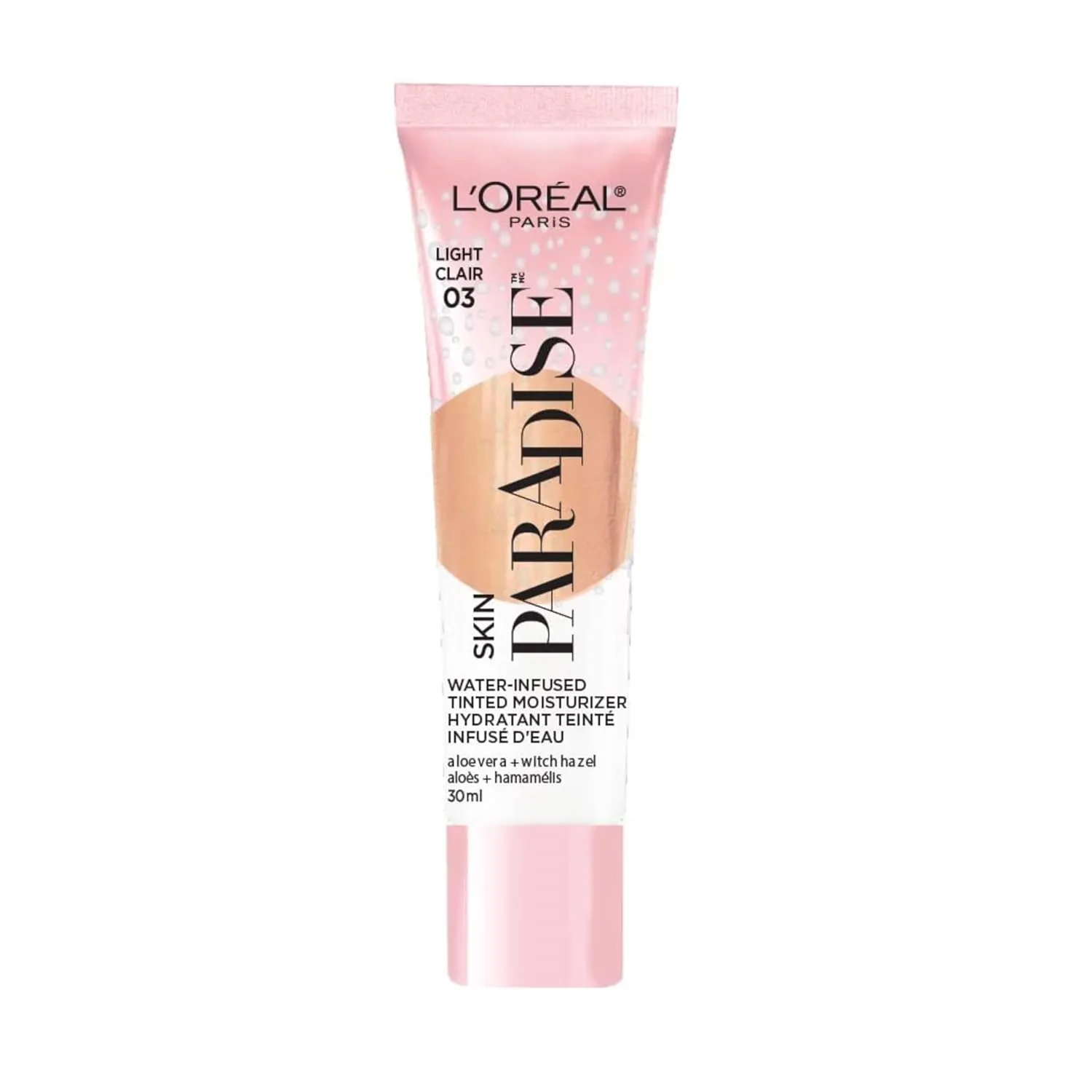 L'Oreal Paris Skin Paradise Water-infused Tinted Moisturizer with Broad Spectrum SPF 19 sunscreen lightweight, natural coverage up to 24h hydration for a fresh, glowing complexion, Light 03, 1 fl oz