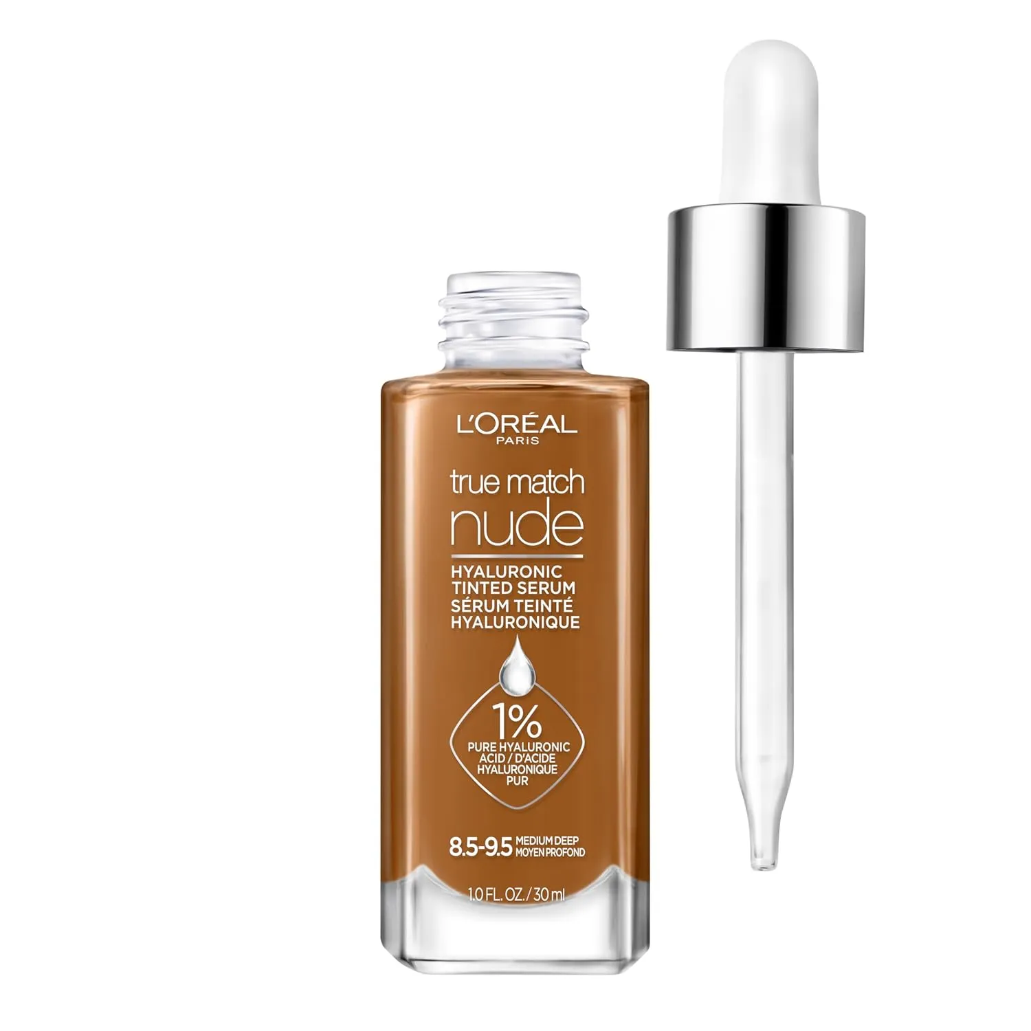 L'Oreal Paris True Match Nude Hyaluronic Tinted Serum Foundation with 1% Hyaluronic acid, Medium Deep 8.5-9.5, 1 fl. oz.