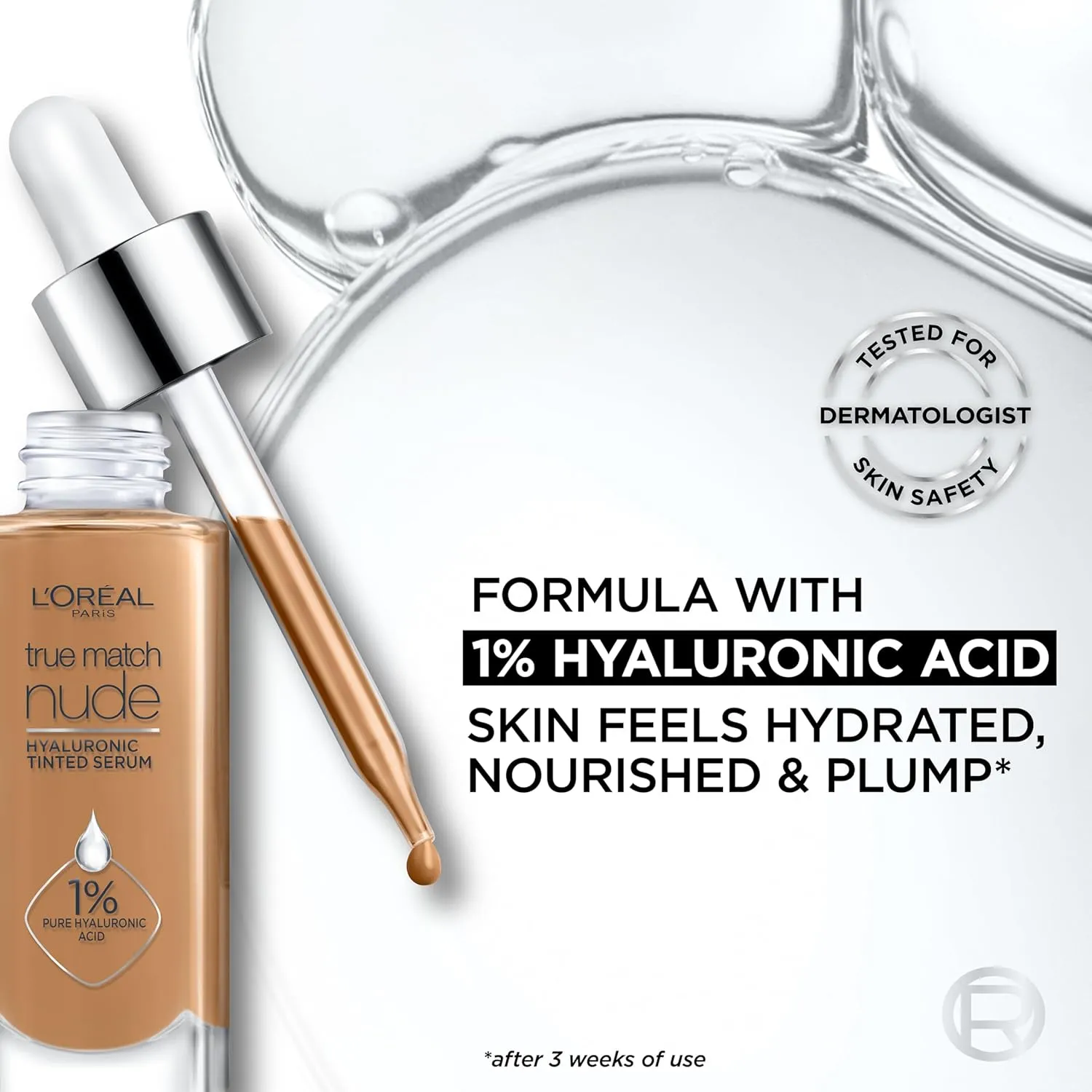 L'Oreal Paris True Match Nude Hyaluronic Tinted Serum Foundation with 1% Hyaluronic acid, Medium Deep 8.5-9.5, 1 fl. oz.
