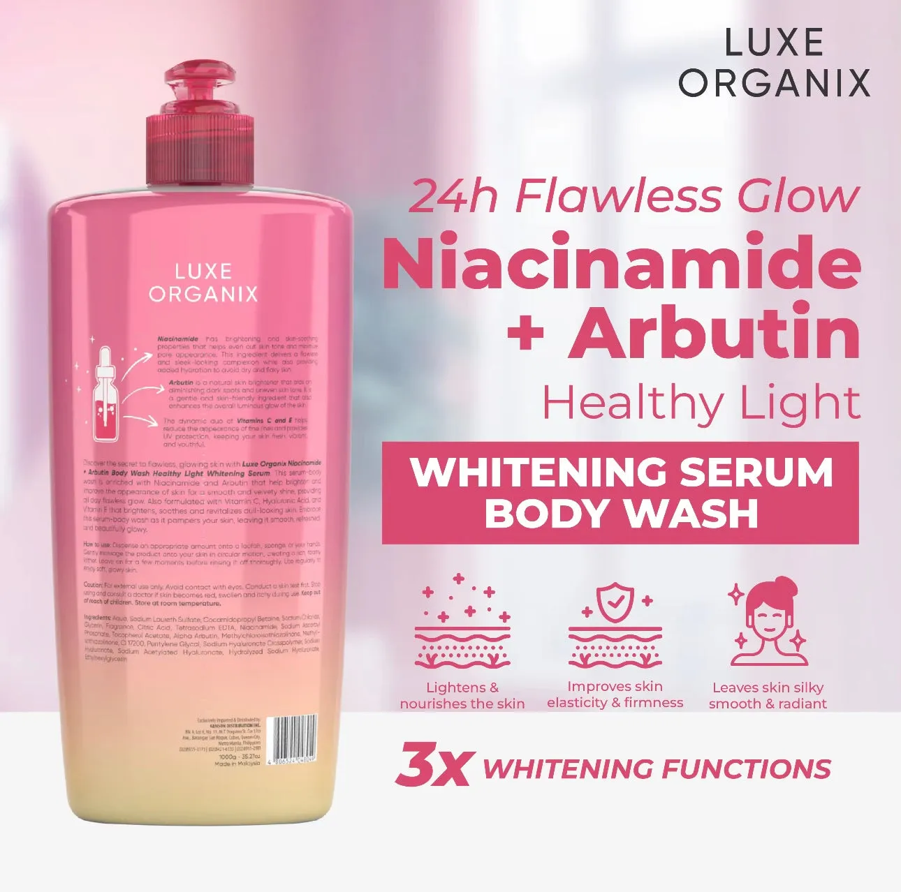 Luxe Organix - Niacinamide   Arbutin Healthy Light Whitening Serum Perfume Infused Body Wash 1000g - ( PINK )
