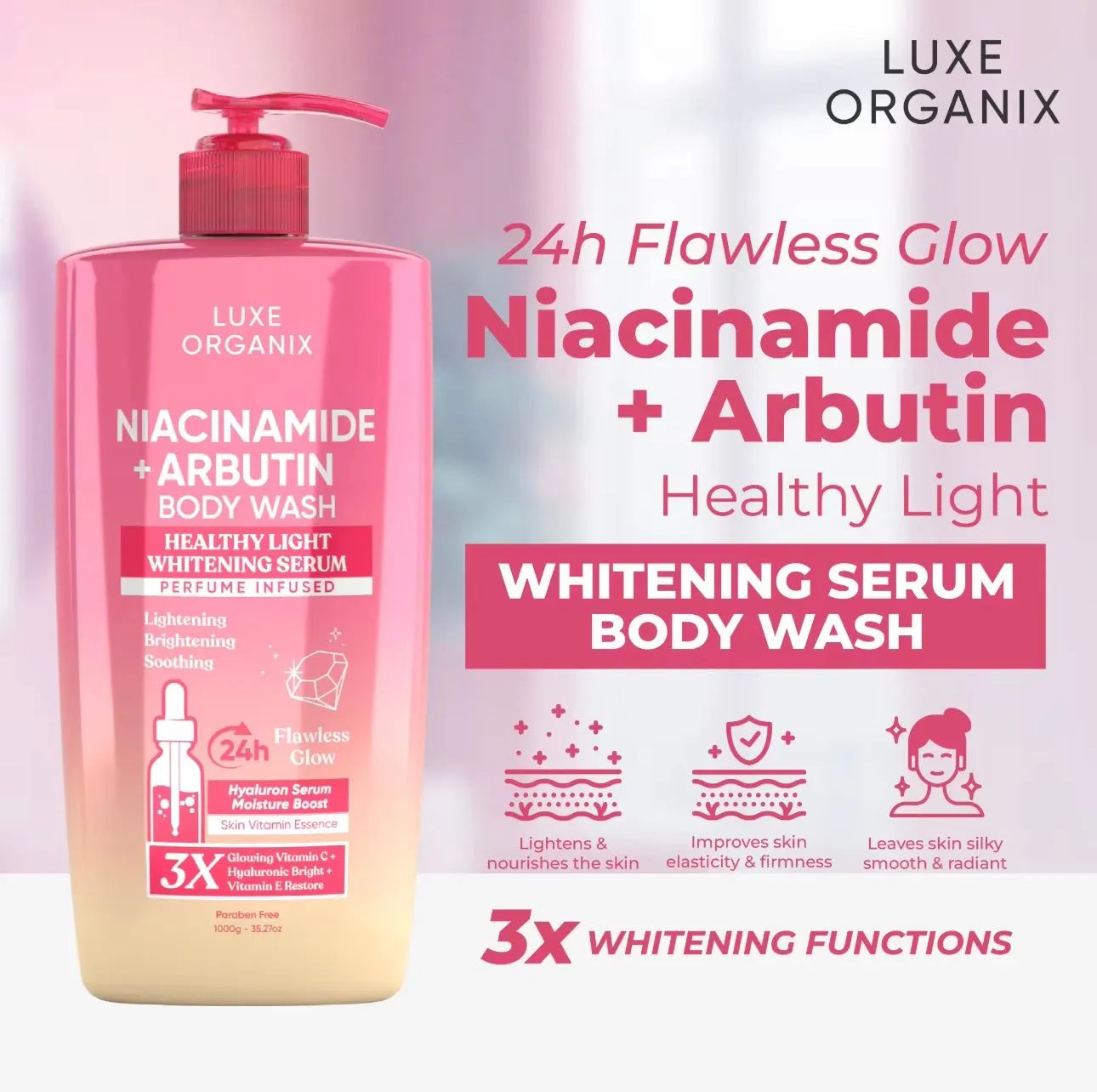 Luxe Organix - Niacinamide   Arbutin Healthy Light Whitening Serum Perfume Infused Body Wash 1000g - ( PINK )