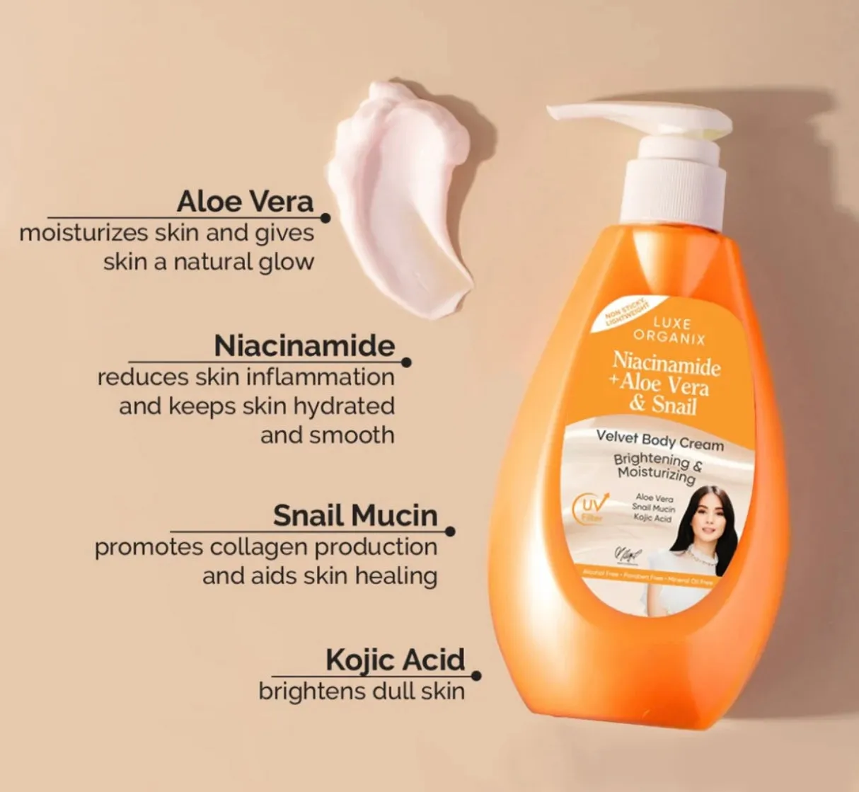 Luxe Orgnix - Niacinamide   Aloe Vera And Snail Velvet Body Cream - BRIGHTENING & MOISTURIZING 400 ml ( orange )