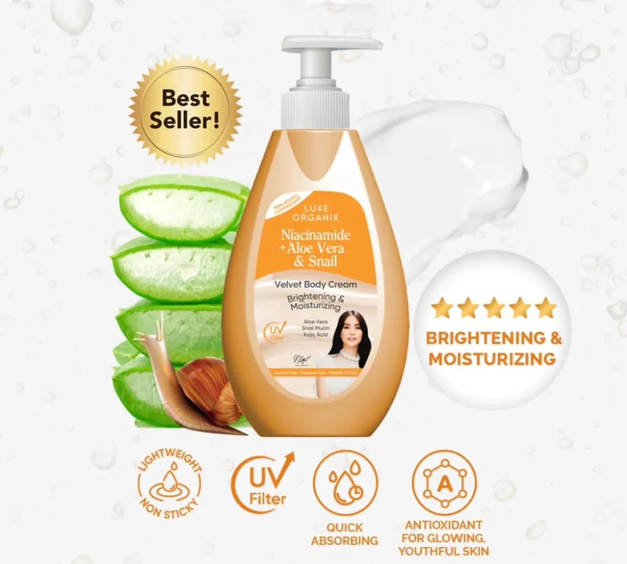 Luxe Orgnix - Niacinamide   Aloe Vera And Snail Velvet Body Cream - BRIGHTENING & MOISTURIZING 400 ml ( orange )