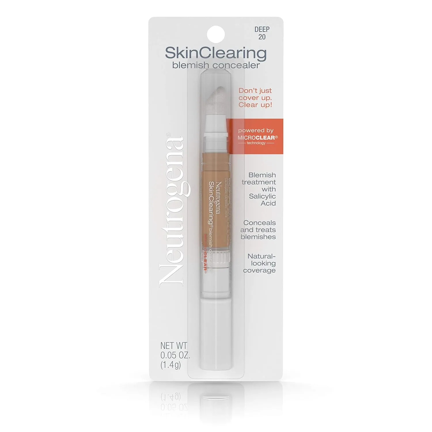 Neutrogena SkinClearing Blemish Concealer Face Makeup with Salicylic Acid Acne Medicine, Non-Comedogenic and Oil-Free Concealer Helps Cover, Treat & Prevent Breakouts, Deep 20,.05 Oz