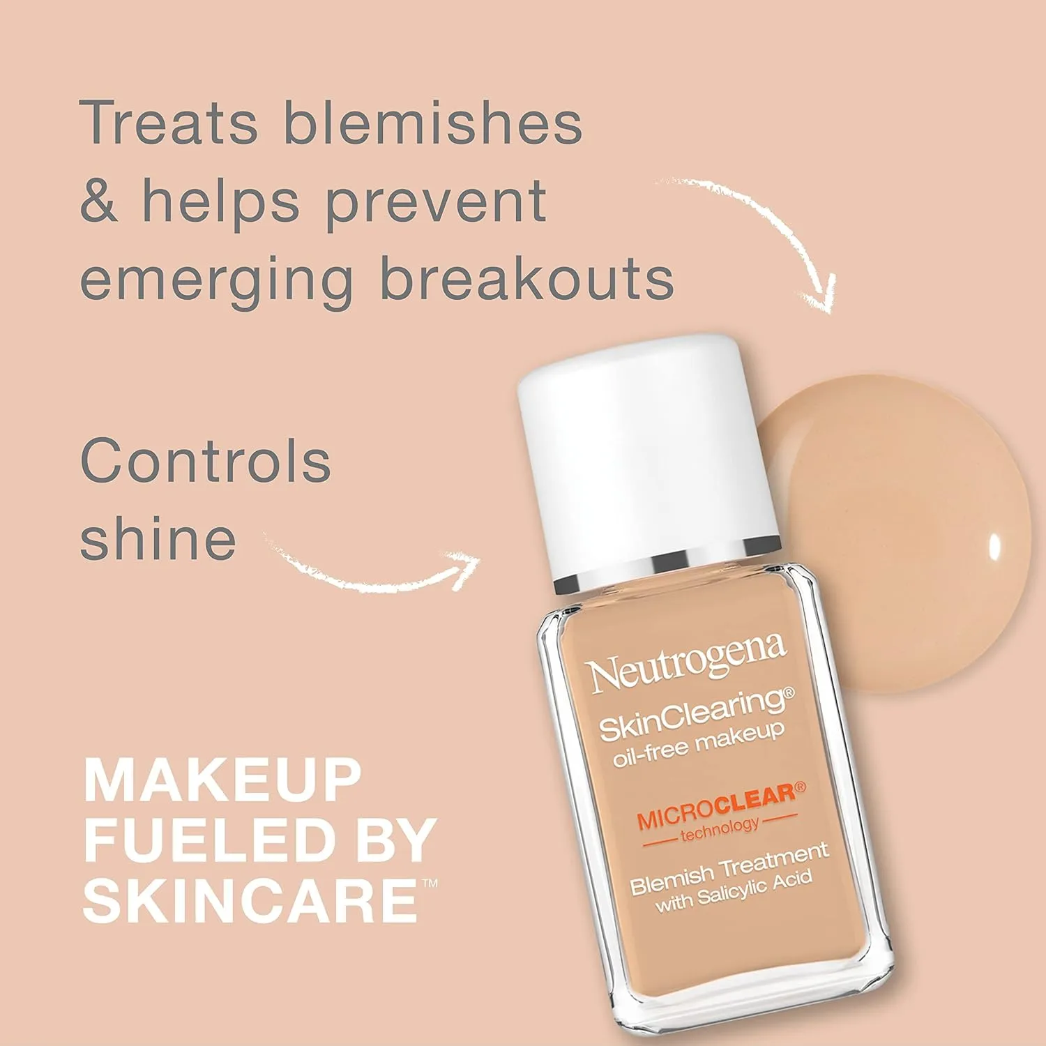 Neutrogena SkinClearing Oil-Free Acne and Blemish Fighting Liquid Foundation with.5% Salicylic Acid Acne Medicine, Shine Controlling Makeup for Acne Prone Skin, 40 Nude, 1 fl. oz