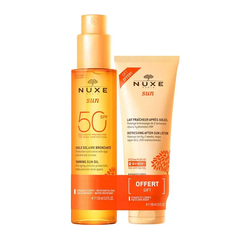 NUXE Tanning Sun Oil SPF50 Face & Body 150ml   Refreshing After-Sun Lotion 100ml Discontinued